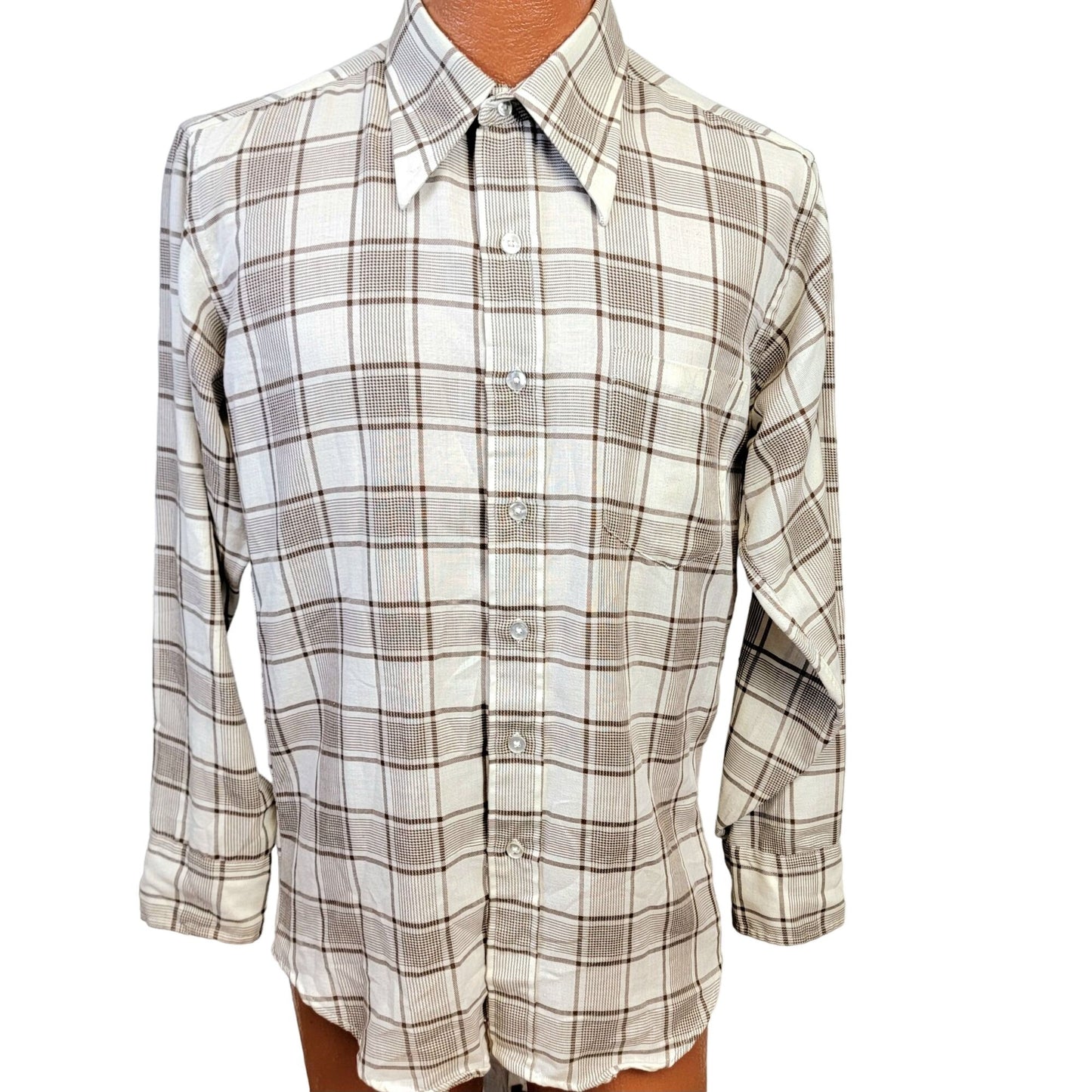 Vintage 70s Retro Plaid Shirt Men Medium Button Down Brown