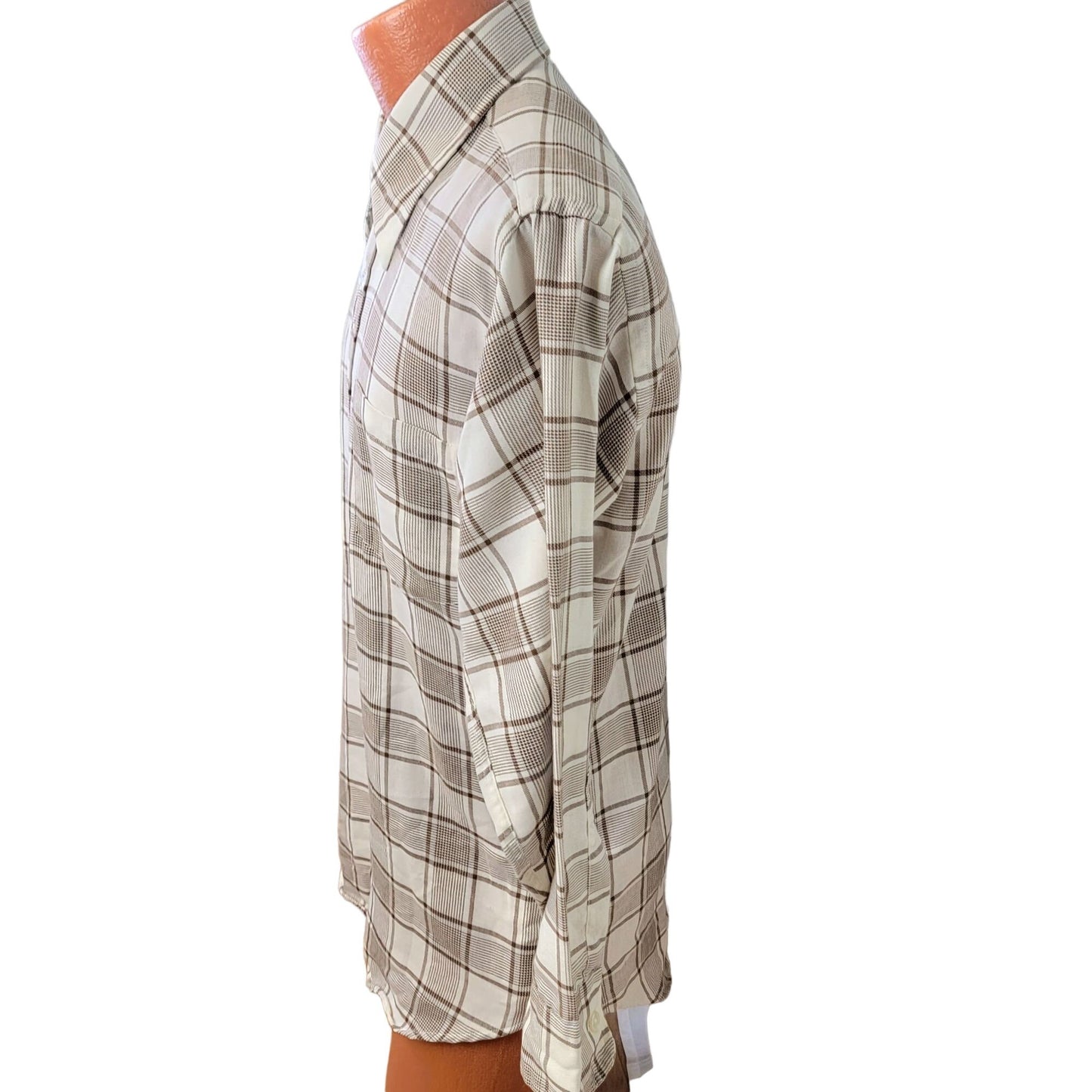 Vintage 70s Retro Plaid Shirt Men Medium Button Down Brown