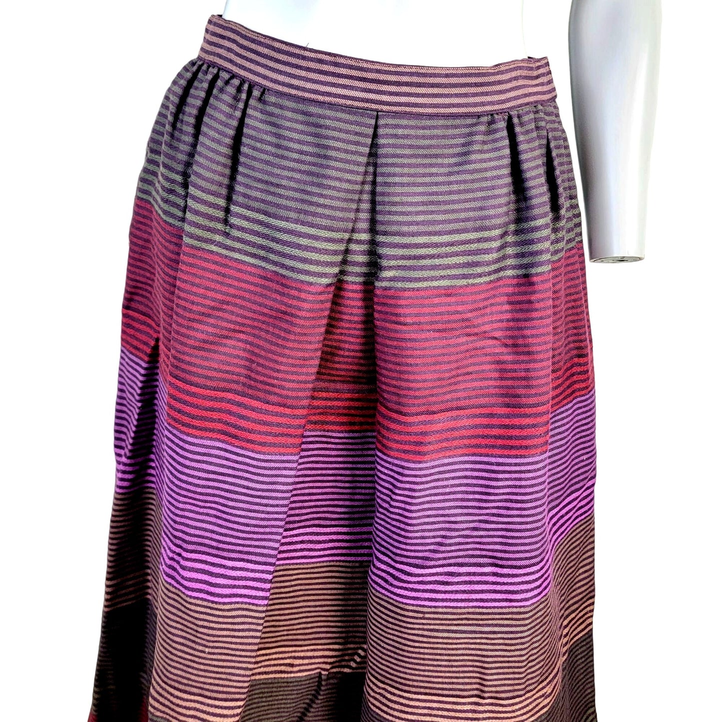 Vintage 70s Stripe Midi Skirt Women Medium Black Purple