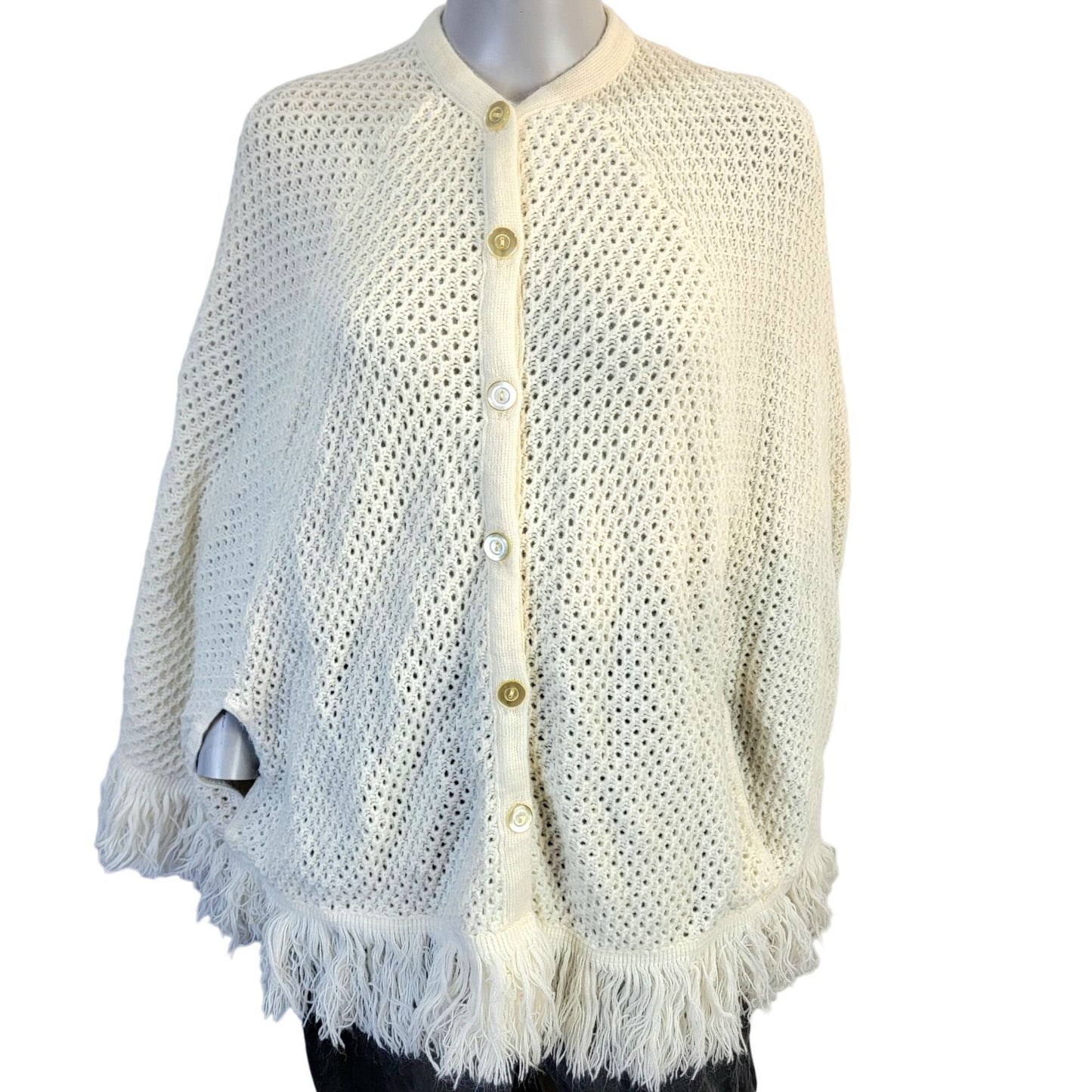 Vintage 70s Crochet Poncho Cardigan Wrap Jacket Shawl Women One Size