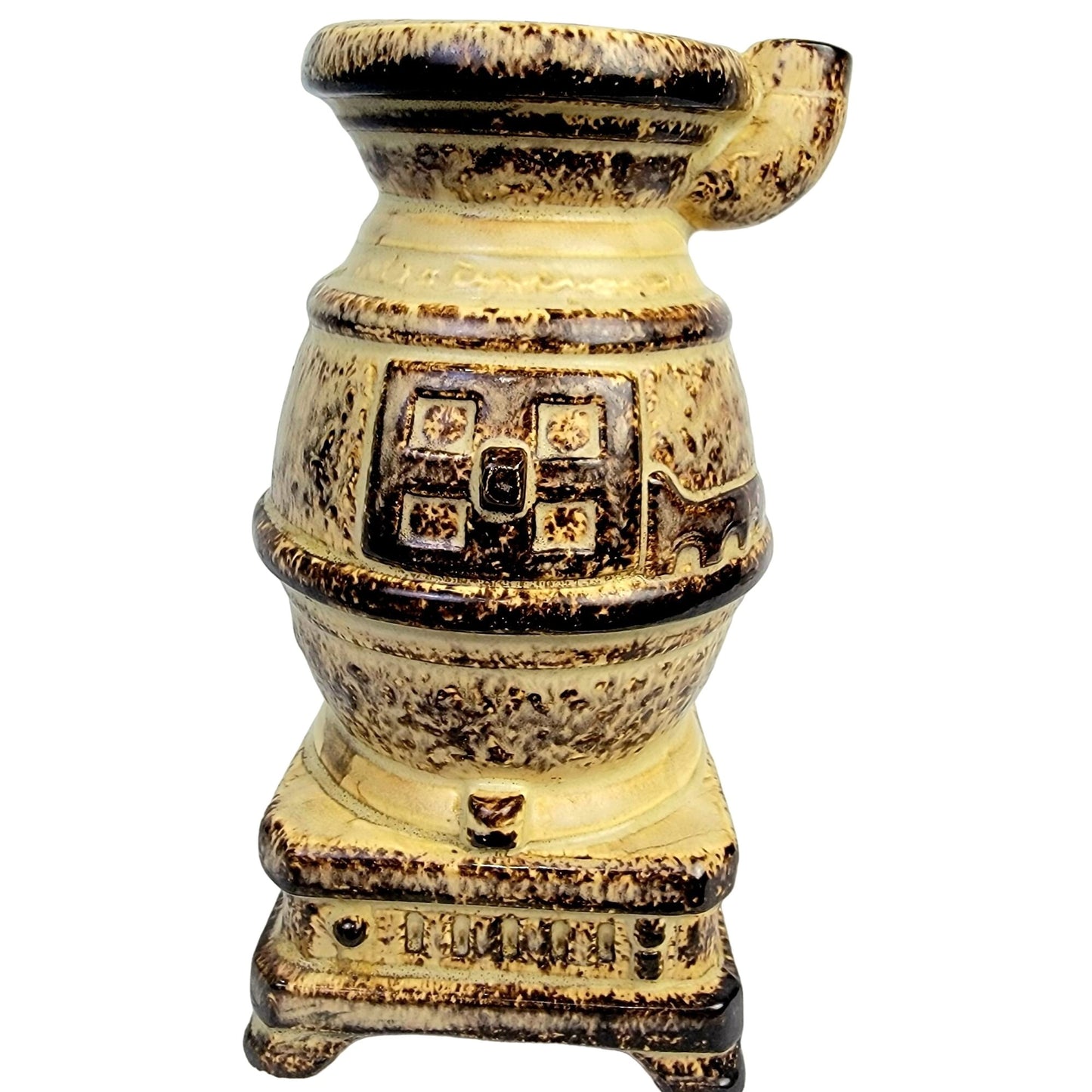 Vintage 80s Caffco Pot Belly Stove Ceramic Vase Bookshelf Brown Tan Rustic Retro