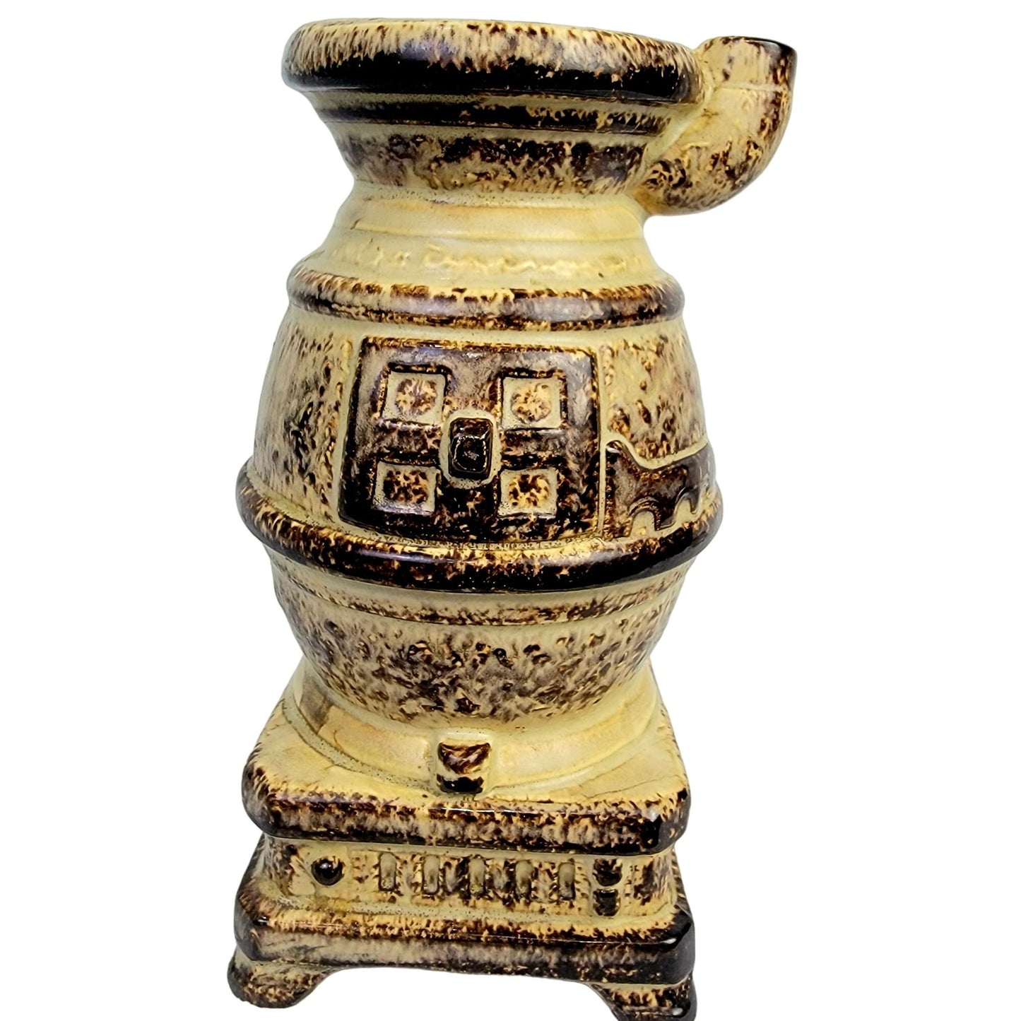 Vintage 80s Caffco Pot Belly Stove Ceramic Vase Bookshelf Brown Tan Rustic Retro
