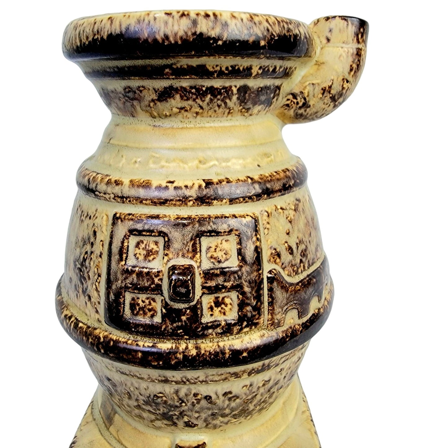 Vintage 80s Caffco Pot Belly Stove Ceramic Vase Bookshelf Brown Tan Rustic Retro