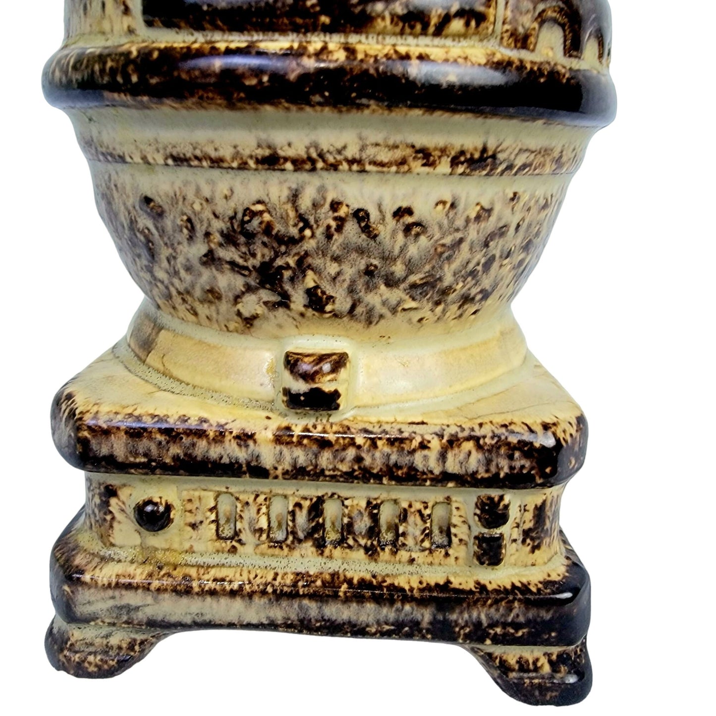 Vintage 80s Caffco Pot Belly Stove Ceramic Vase Bookshelf Brown Tan Rustic Retro