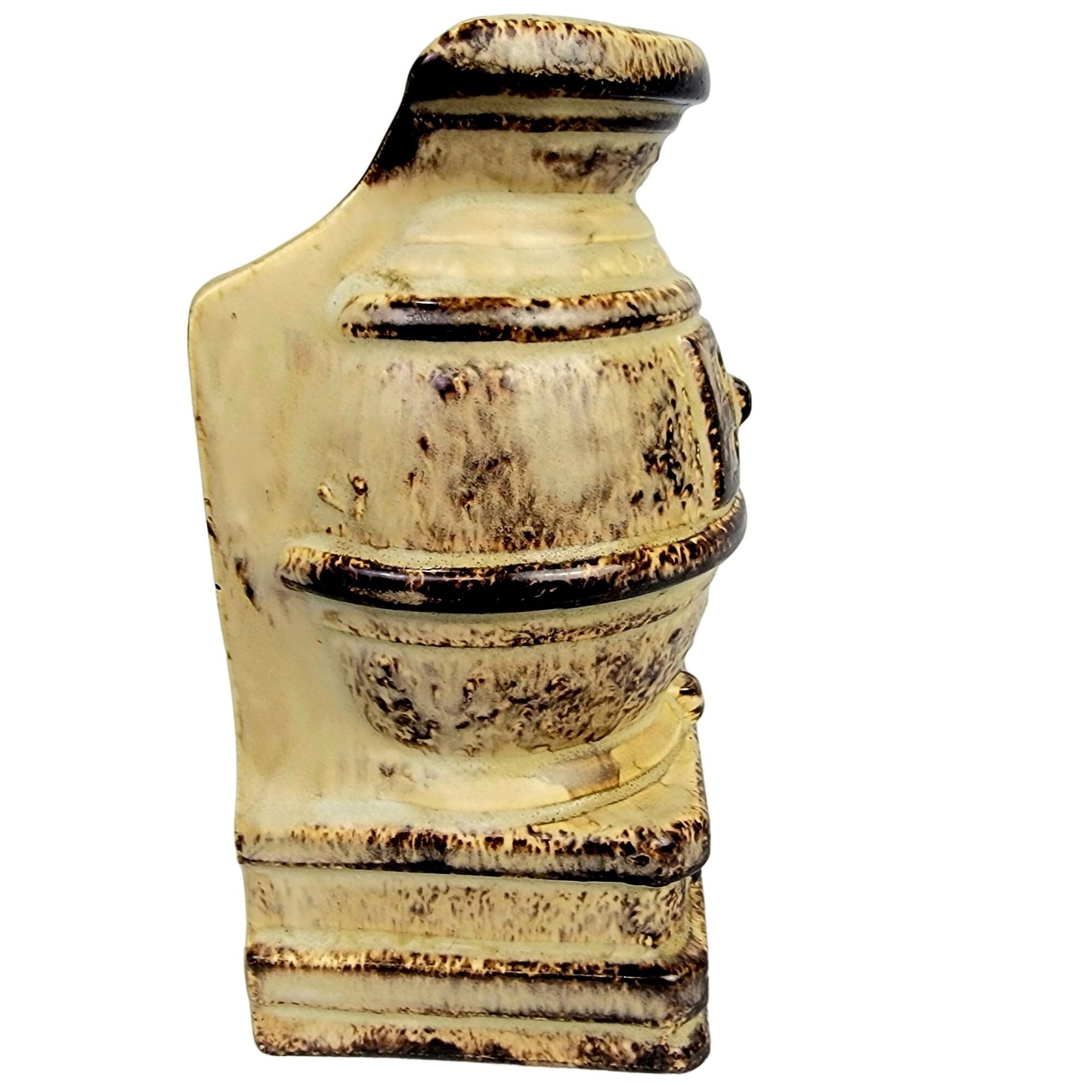 Vintage 80s Caffco Pot Belly Stove Ceramic Vase Bookshelf Brown Tan Rustic Retro