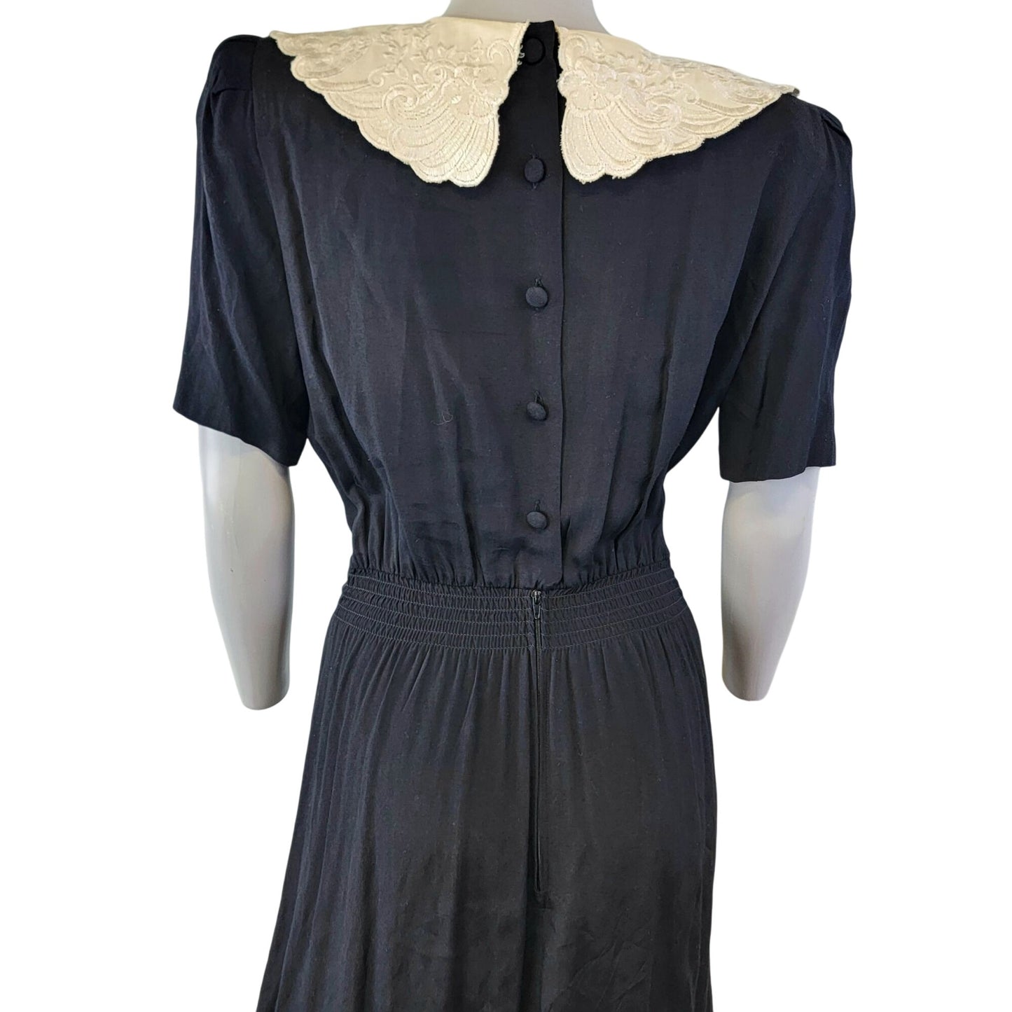 Vintage 80s Midi Dress Women 8 Black Cream Lace Collar Formal Button Fall Work