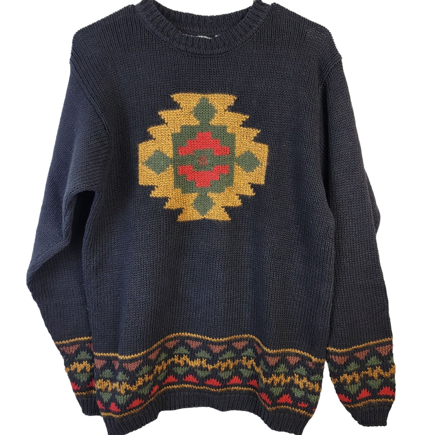 Vintage 90s Aztec Sweater Women Small Black Pullover