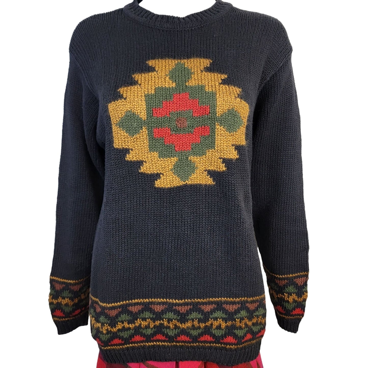 Vintage 90s Aztec Sweater Women Small Black Pullover