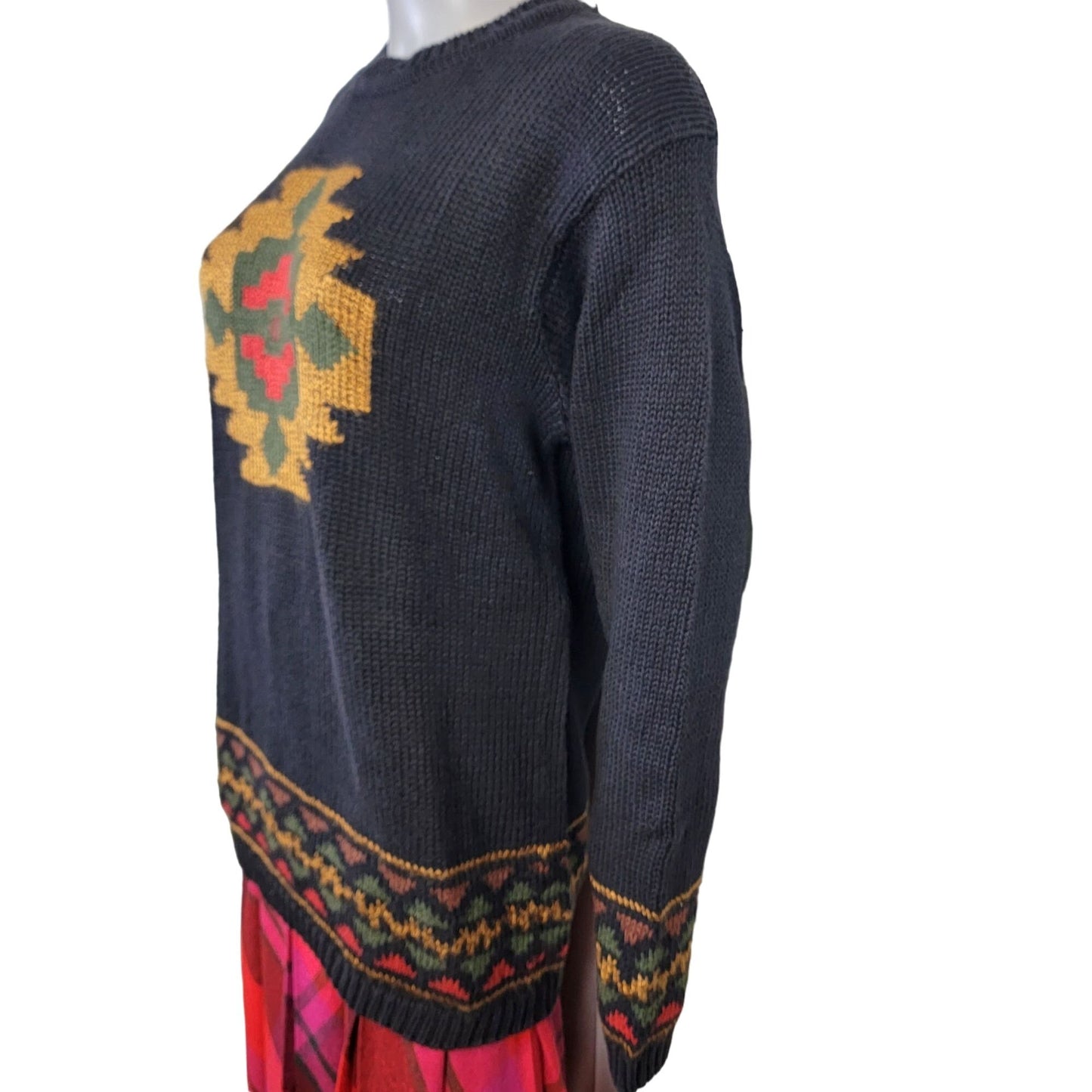 Vintage 90s Aztec Sweater Women Small Black Pullover