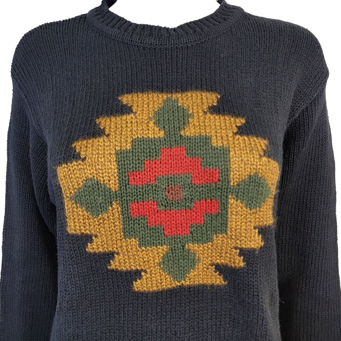 Vintage 90s Aztec Sweater Women Small Black Pullover
