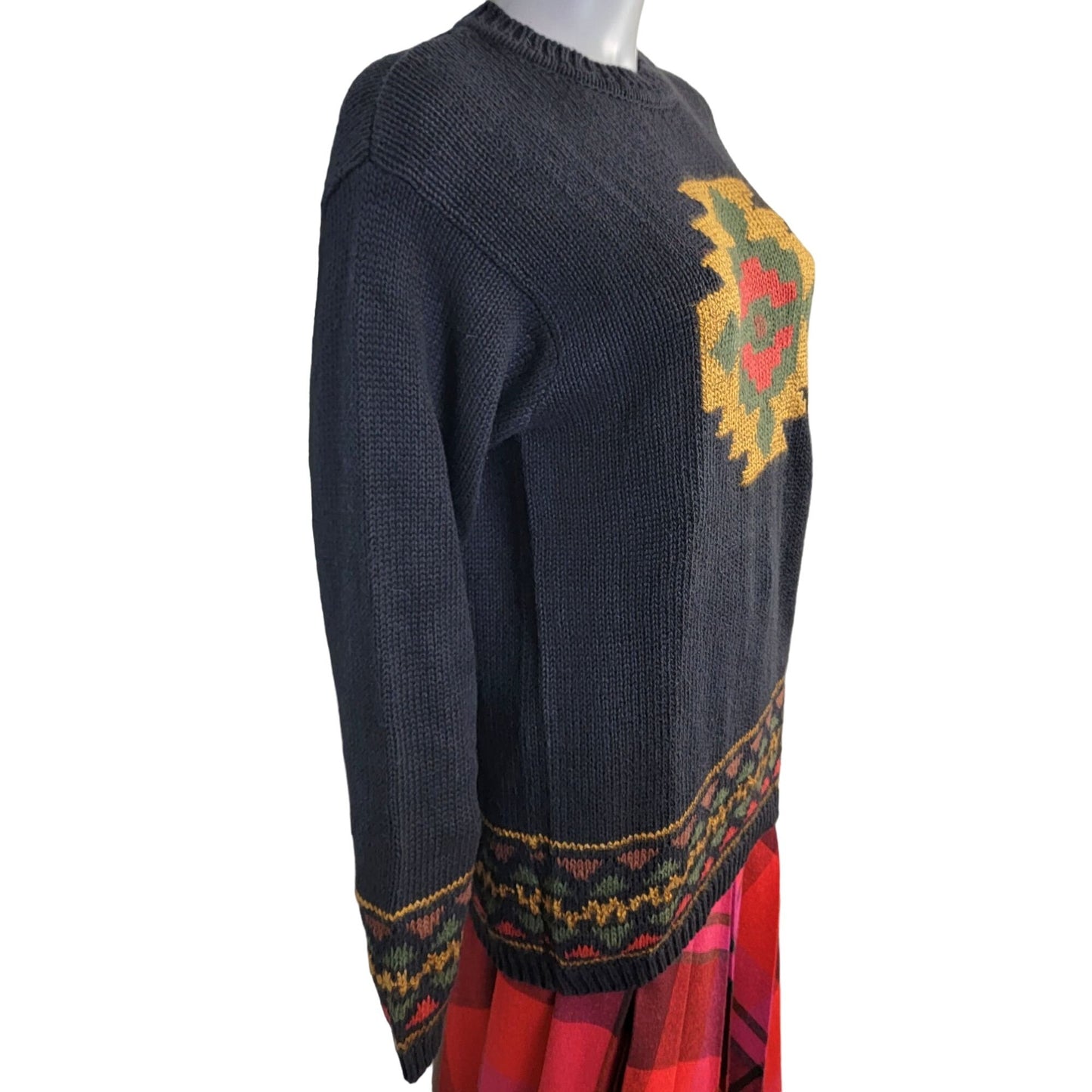 Vintage 90s Aztec Sweater Women Small Black Pullover