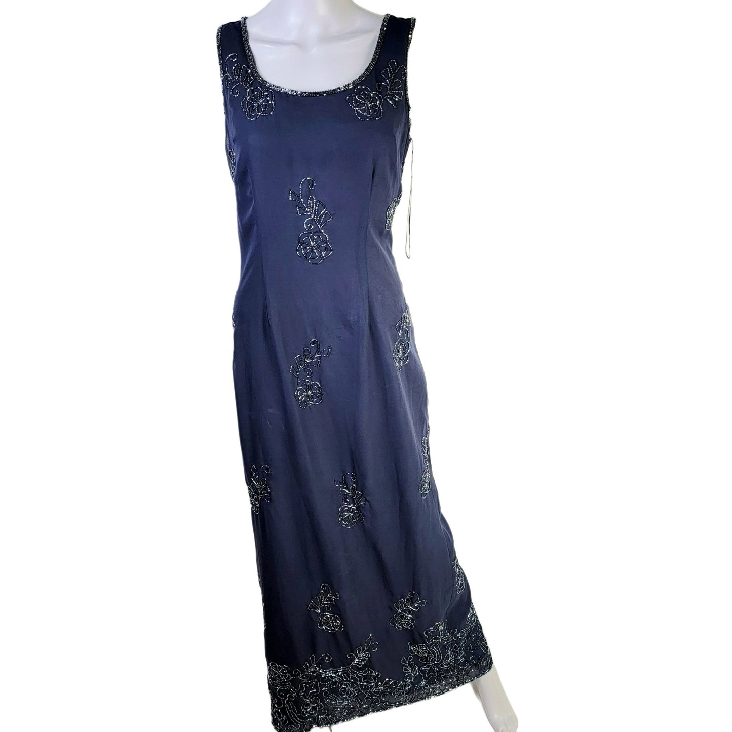 Scala Vintage 90s Formal Gown Women Medium Navy Blue Long Beaded Maxi Dress