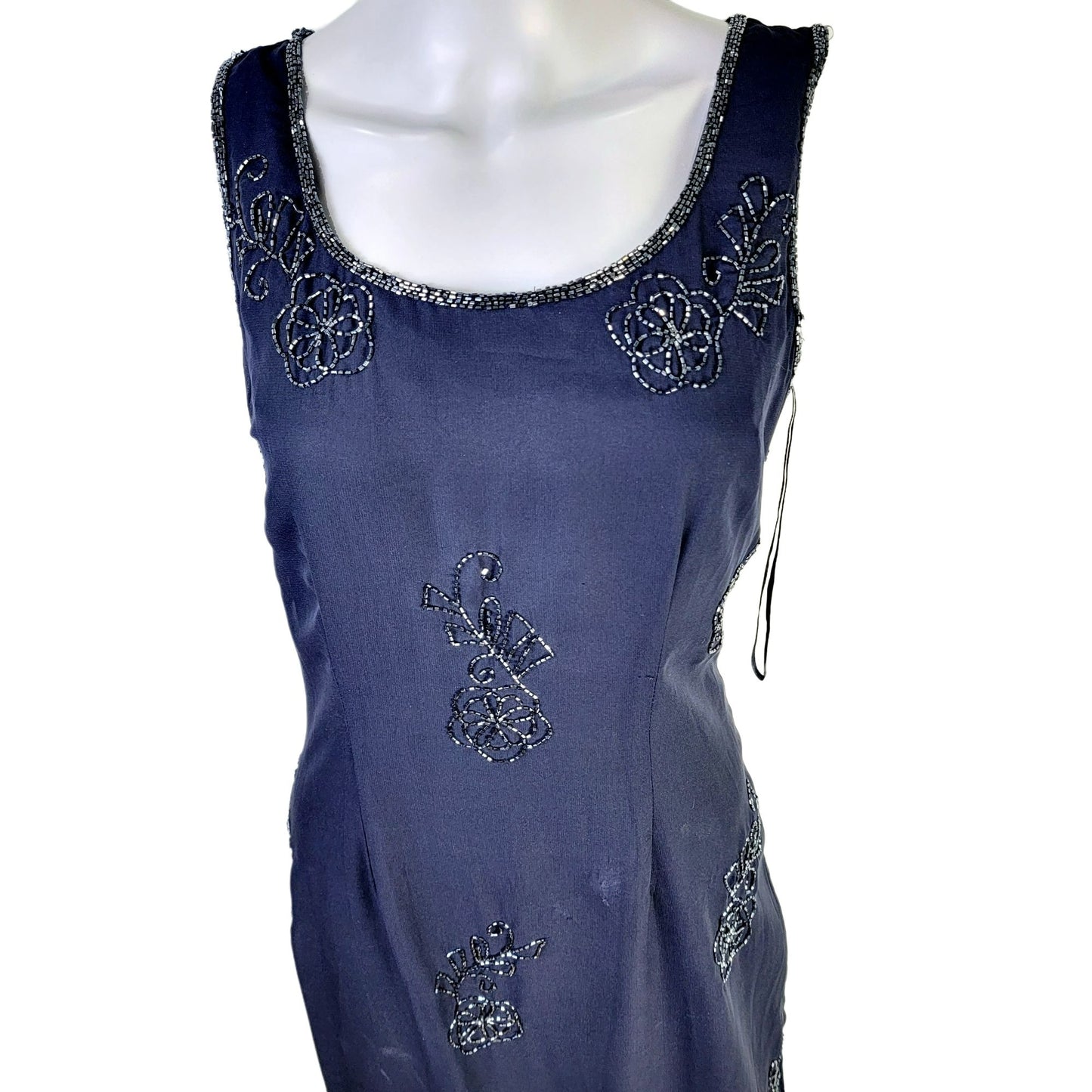 Scala Vintage 90s Formal Gown Women Medium Navy Blue Long Beaded Maxi Dress