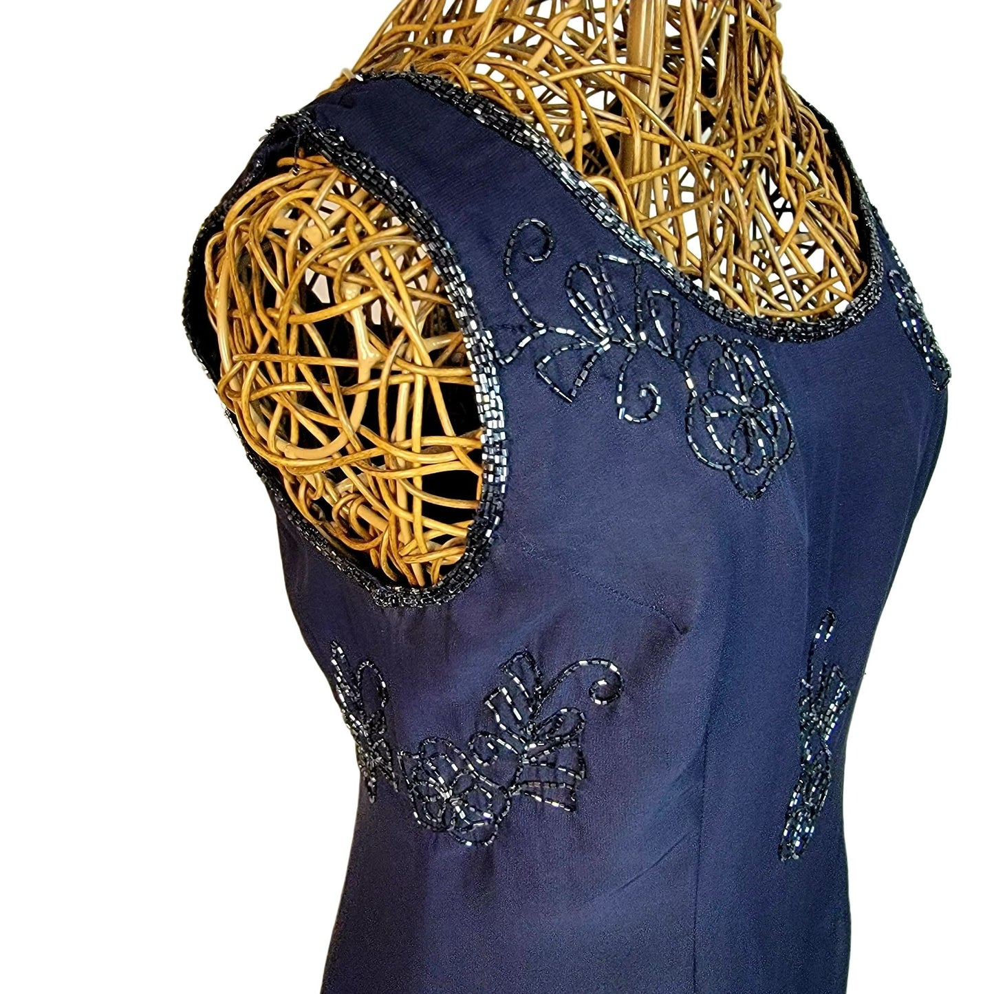 Scala Vintage 90s Formal Gown Women Medium Navy Blue Long Beaded Maxi Dress