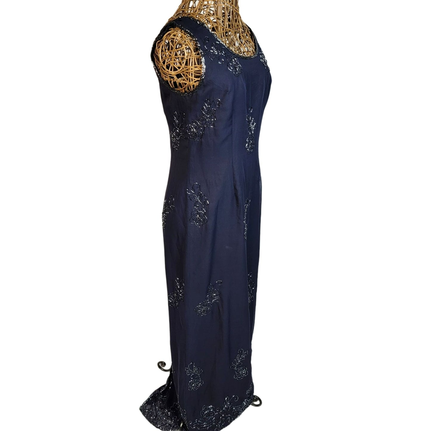 Scala Vintage 90s Formal Gown Women Medium Navy Blue Long Beaded Maxi Dress