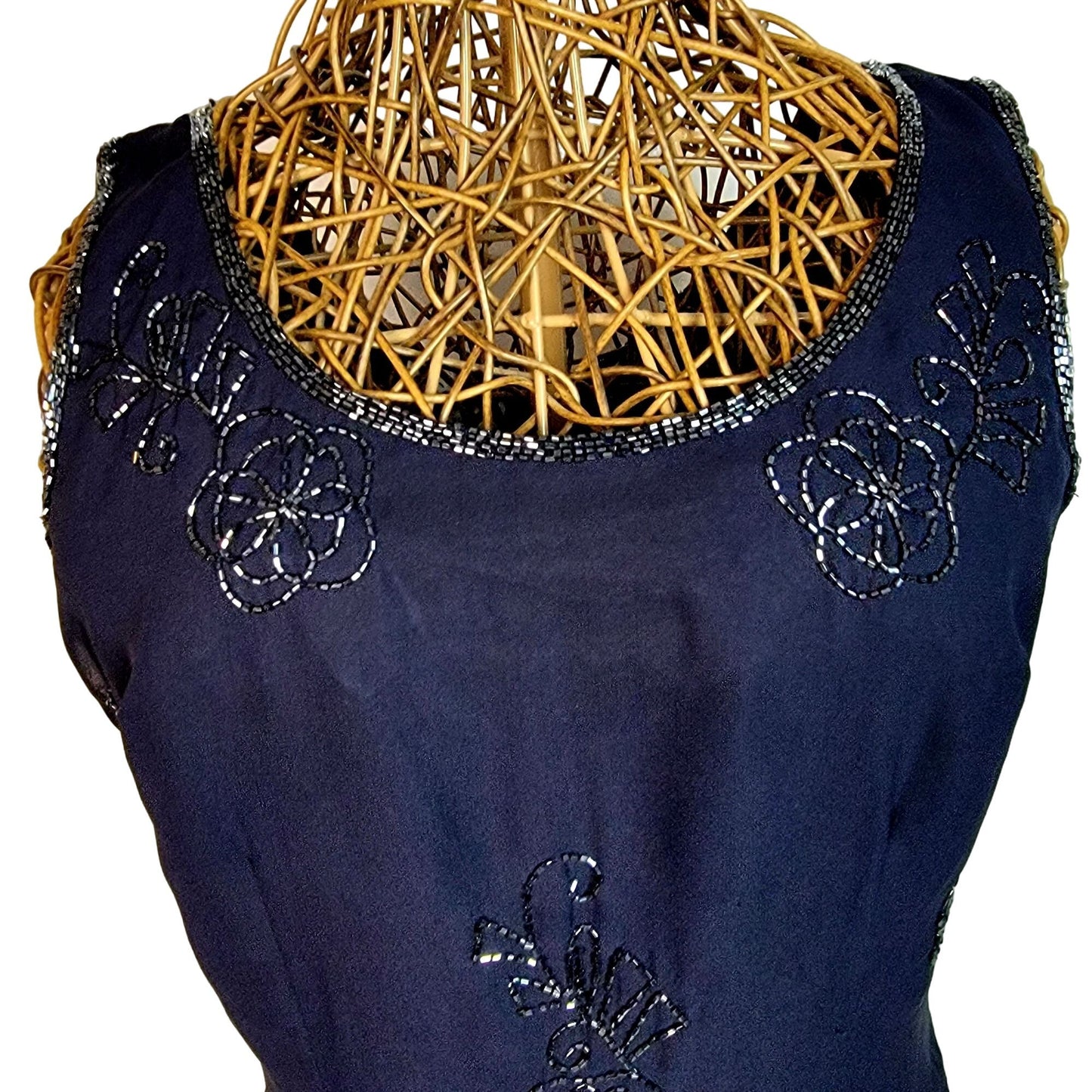 Scala Vintage 90s Formal Gown Women Medium Navy Blue Long Beaded Maxi Dress