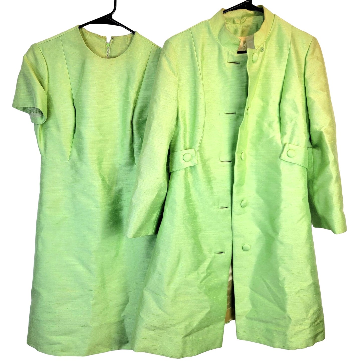 Vintage 60s Mod Silk Set Women 10 Medium Green Peacoat Jacket Dress