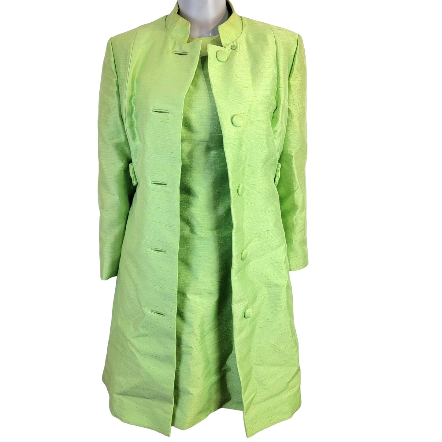 Vintage 60s Mod Silk Set Women 10 Medium Green Peacoat Jacket Dress