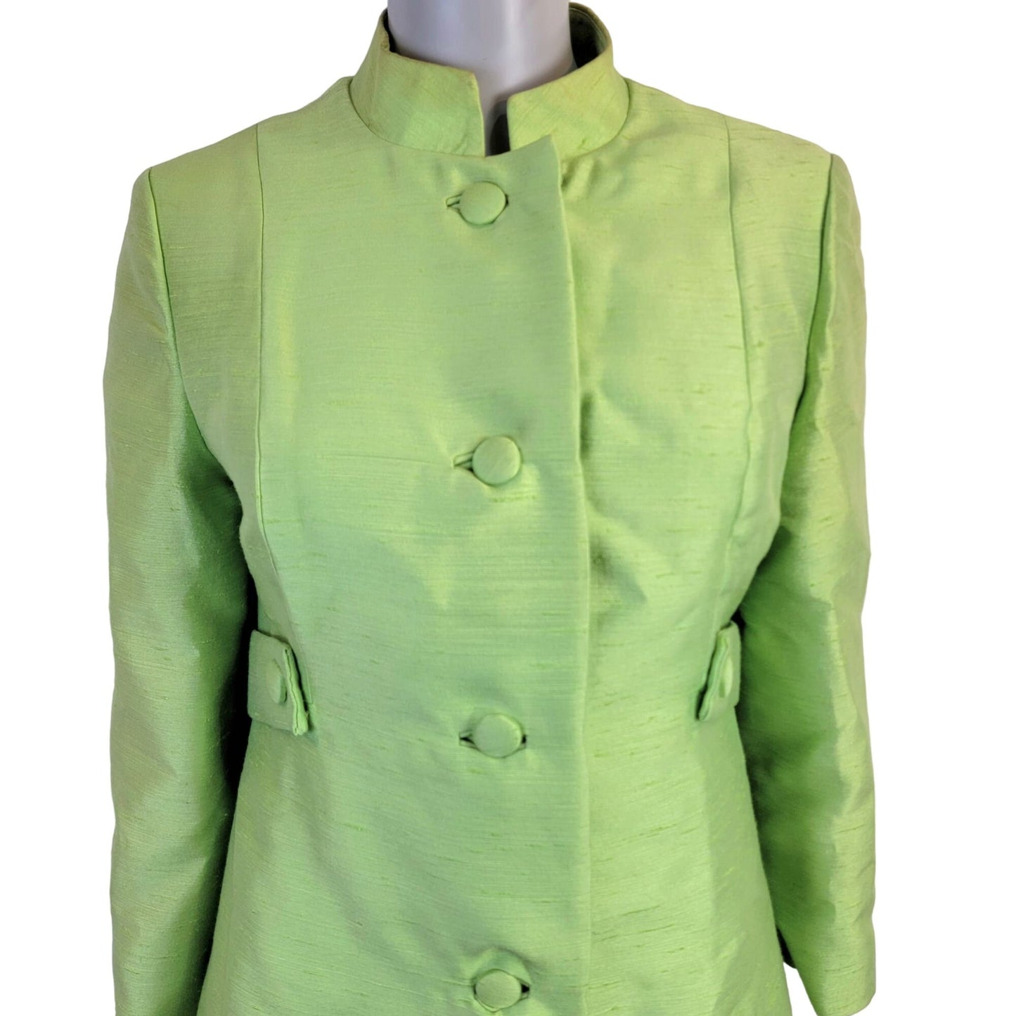 Vintage 60s Mod Silk Set Women 10 Medium Green Peacoat Jacket Dress