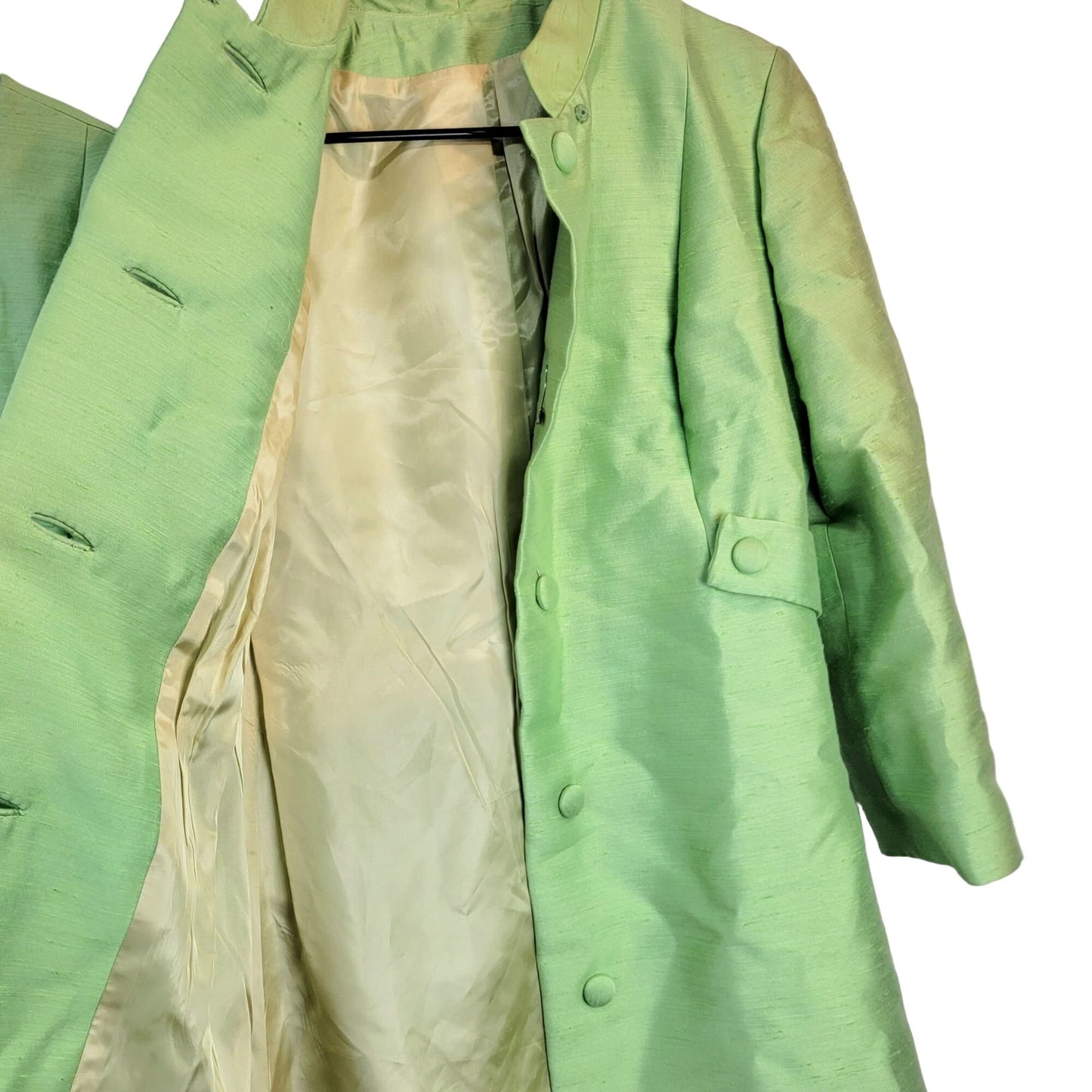 Vintage 60s Mod Silk Set Women 10 Medium Green Peacoat Jacket Dress