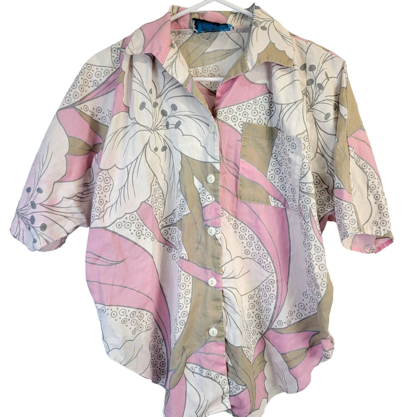 Vintage 70s Tropical Floral Shirt Women XL Button Collar Pink Tan