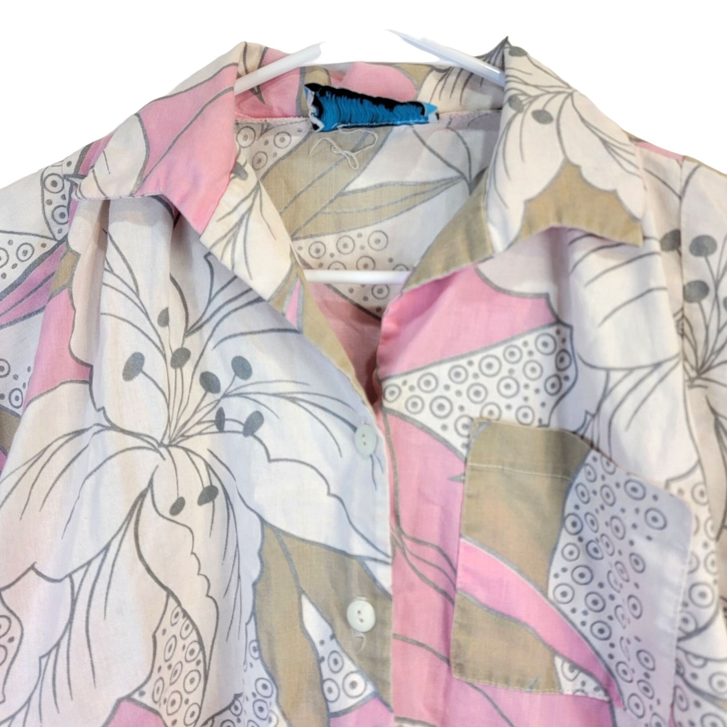 Vintage 70s Tropical Floral Shirt Women XL Button Collar Pink Tan
