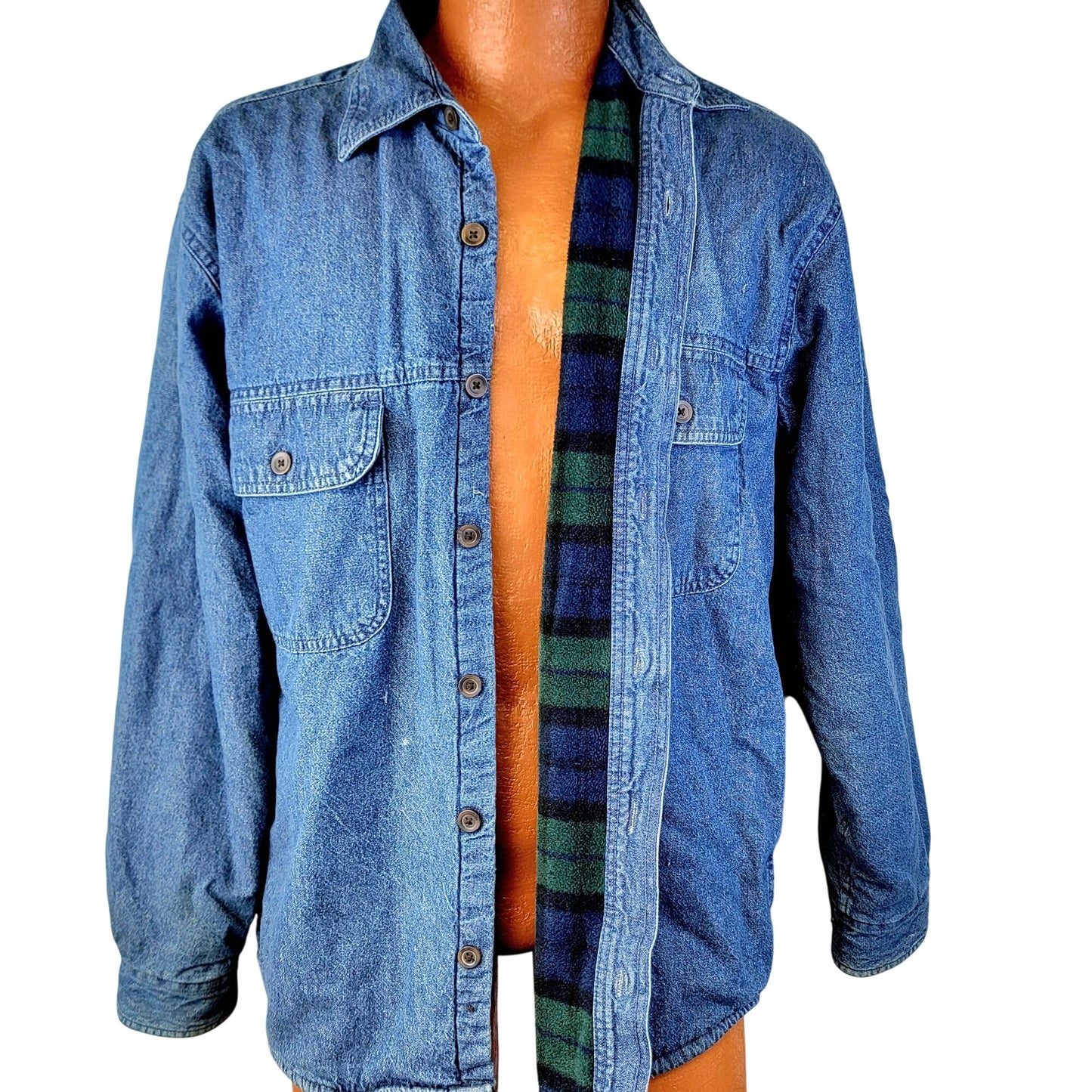 Roundtree & Yorke Vintage Plaid Fleece Lined Denim Shirt Jacket Men Medium Green Blue Y2K 90s Winter Fall