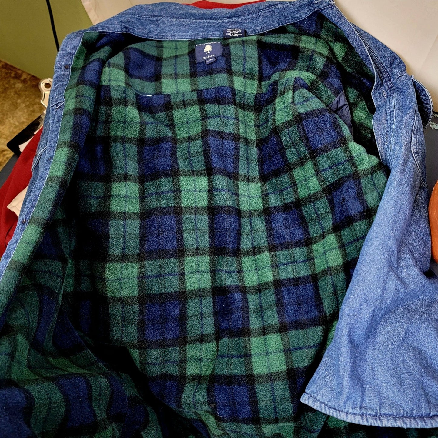 Roundtree & Yorke Vintage Plaid Fleece Lined Denim Shirt Jacket Men Medium Green Blue Y2K 90s Winter Fall