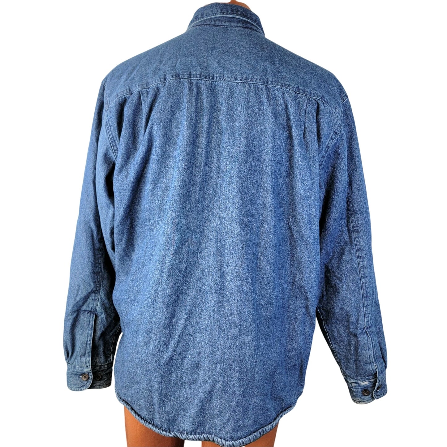 Roundtree & Yorke Vintage Plaid Fleece Lined Denim Shirt Jacket Men Medium Green Blue Y2K 90s Winter Fall
