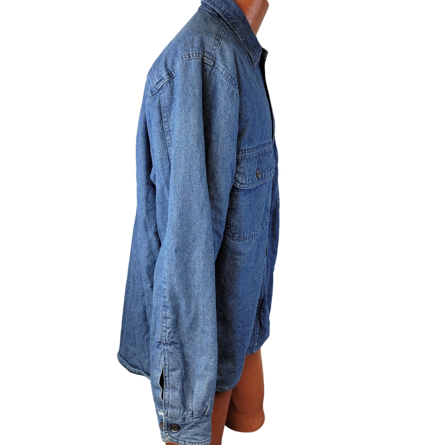 Roundtree & Yorke Vintage Plaid Fleece Lined Denim Shirt Jacket Men Medium Green Blue Y2K 90s Winter Fall