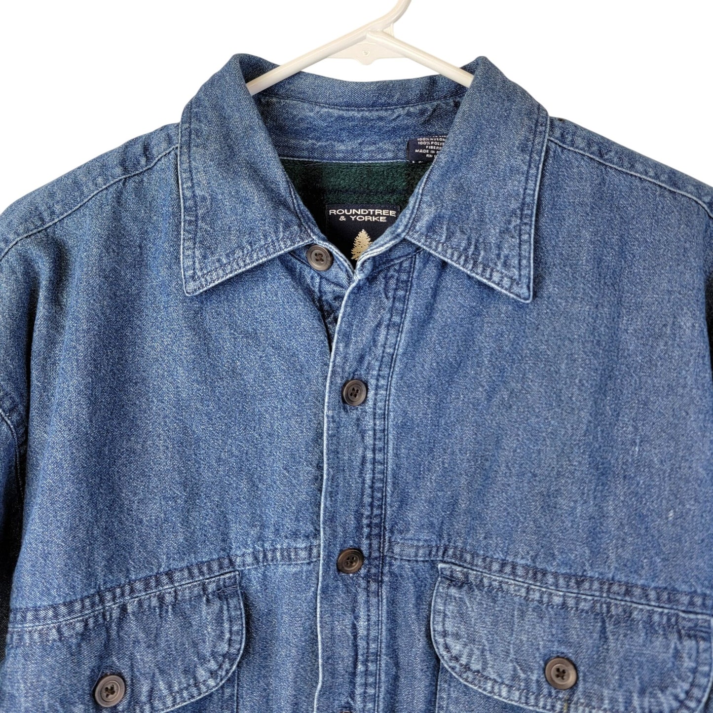 Roundtree & Yorke Vintage Plaid Fleece Lined Denim Shirt Jacket Men Medium Green Blue Y2K 90s Winter Fall