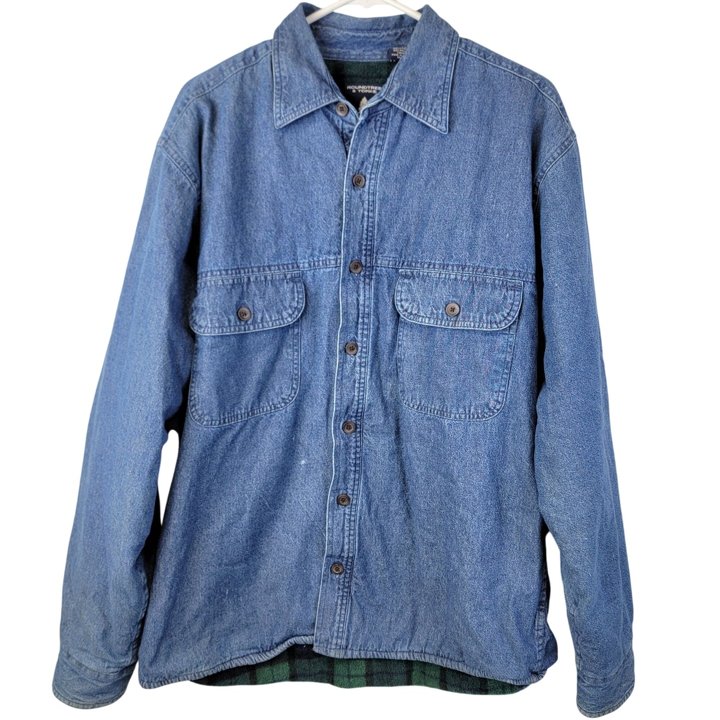 Roundtree & Yorke Vintage Plaid Fleece Lined Denim Shirt Jacket Men Medium Green Blue Y2K 90s Winter Fall