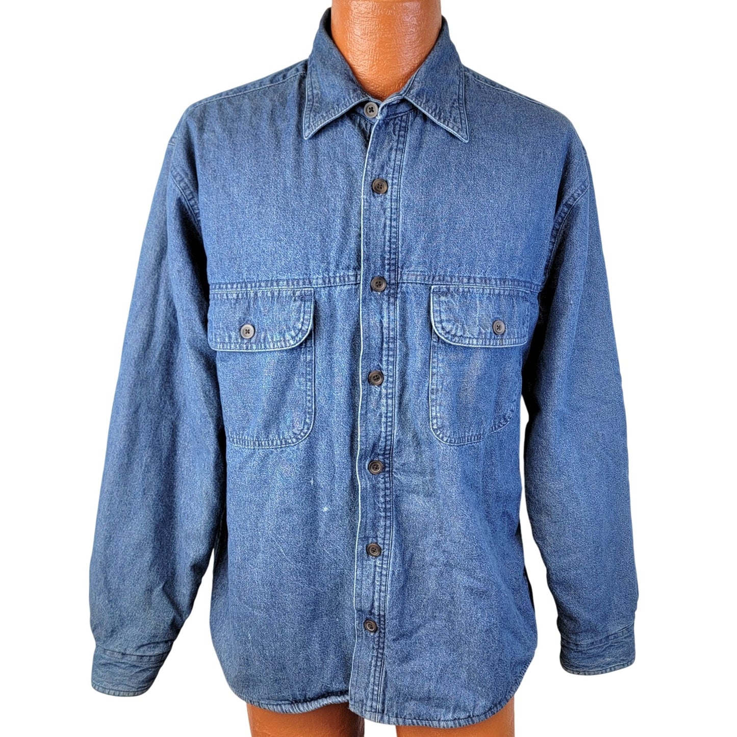 Roundtree & Yorke Vintage Plaid Fleece Lined Denim Shirt Jacket Men Medium Green Blue Y2K 90s Winter Fall