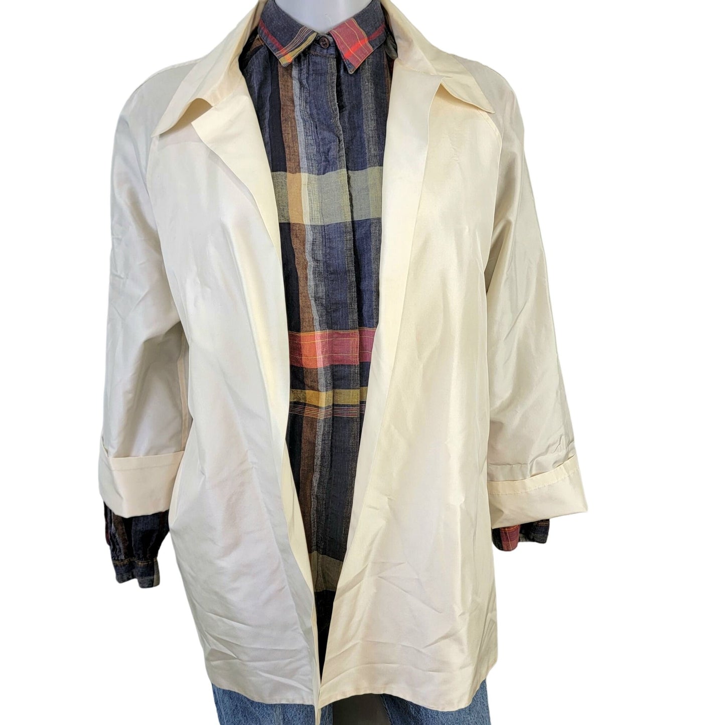 Vintage 90s 100% Silk Jacket Women Medium Cream Beige Open Coat