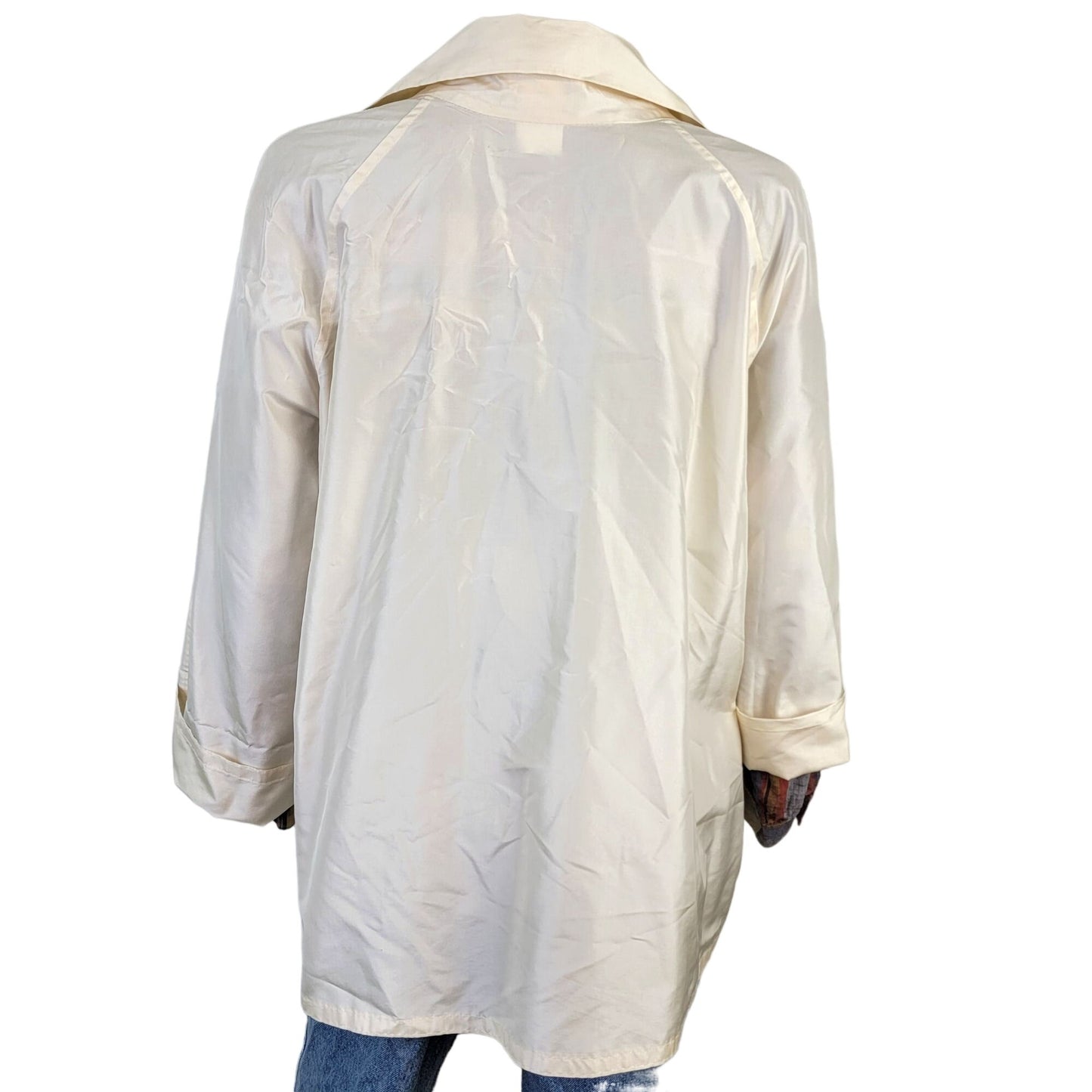 Vintage 90s 100% Silk Jacket Women Medium Cream Beige Open Coat