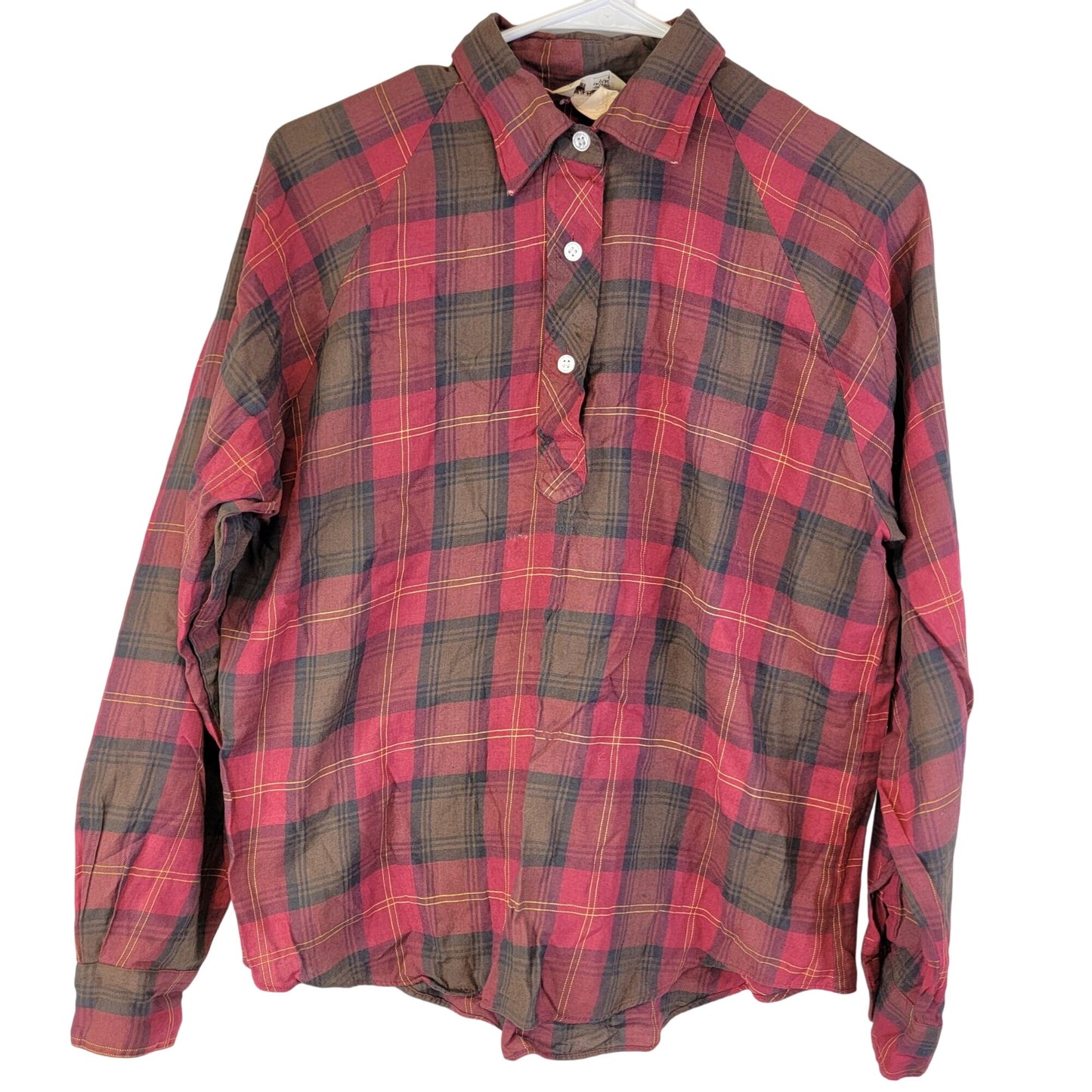 Sears Vintage 70s Plaid Flannel Shirt Women Large 12 14 Red Brown Collar Top L