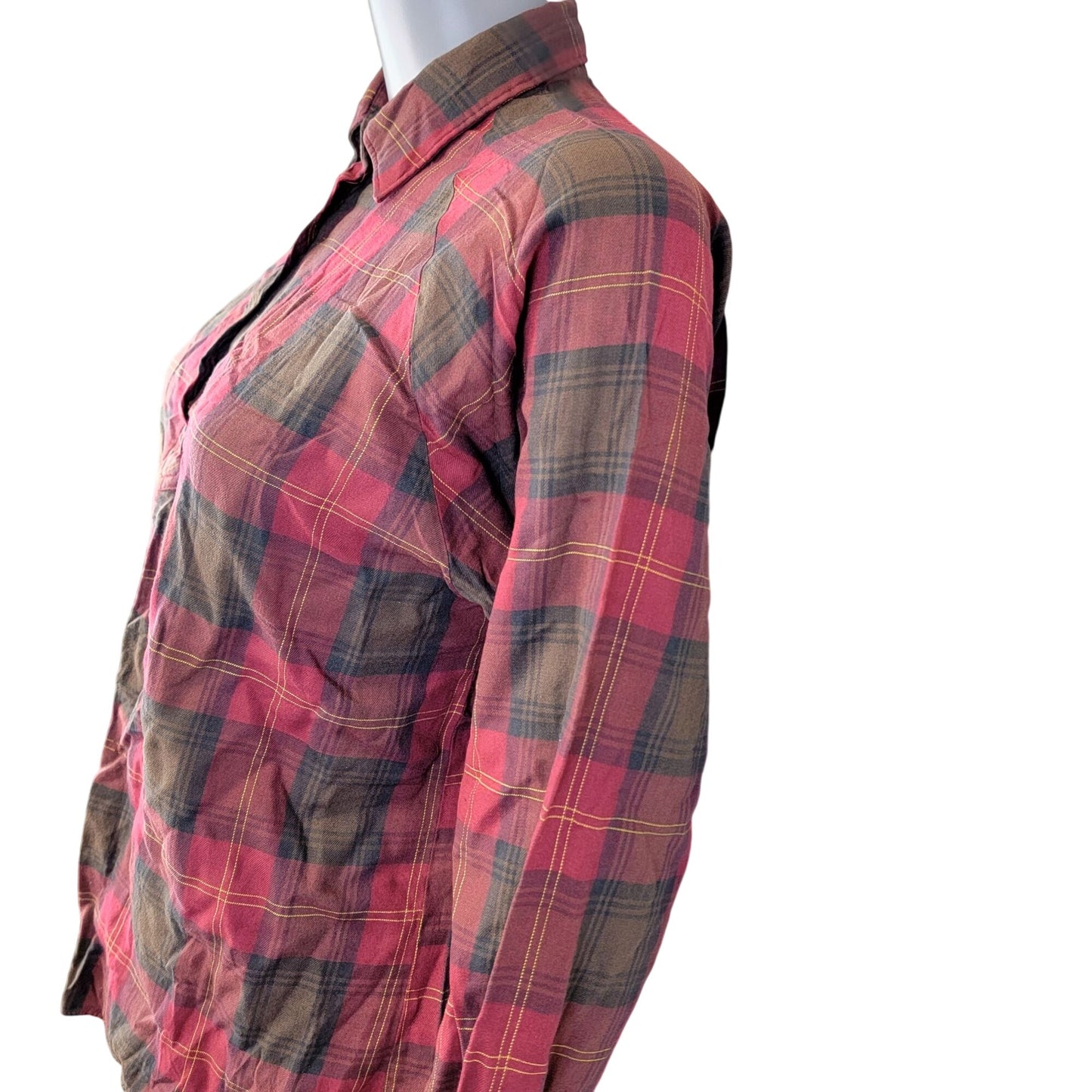 Sears Vintage 70s Plaid Flannel Shirt Women Large 12 14 Red Brown Collar Top L