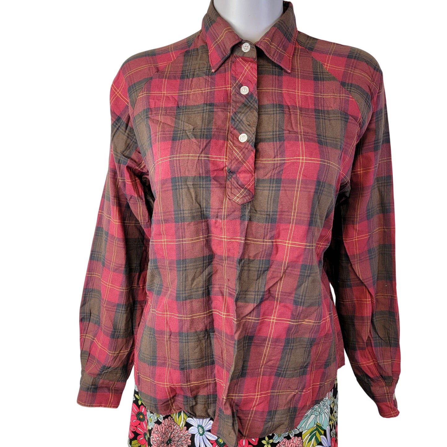 Sears Vintage 70s Plaid Flannel Shirt Women Large 12 14 Red Brown Collar Top L
