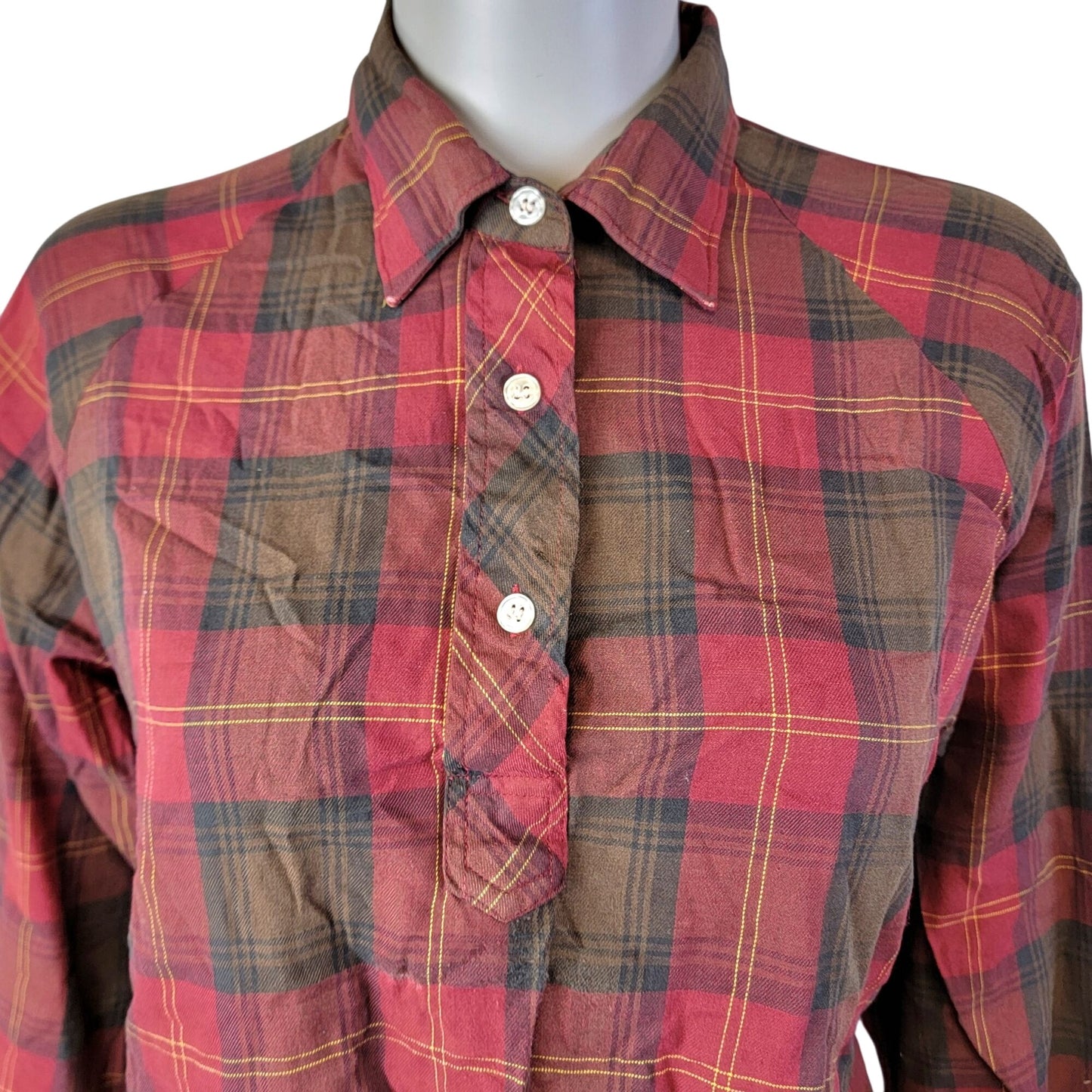 Sears Vintage 70s Plaid Flannel Shirt Women Large 12 14 Red Brown Collar Top L