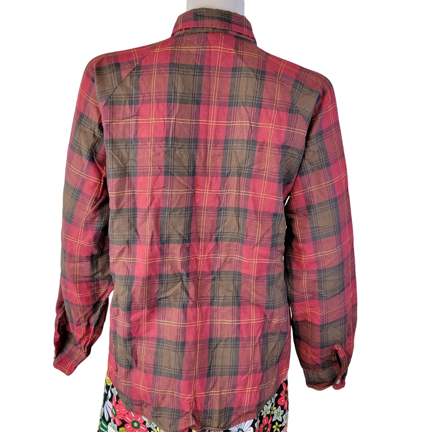 Sears Vintage 70s Plaid Flannel Shirt Women Large 12 14 Red Brown Collar Top L