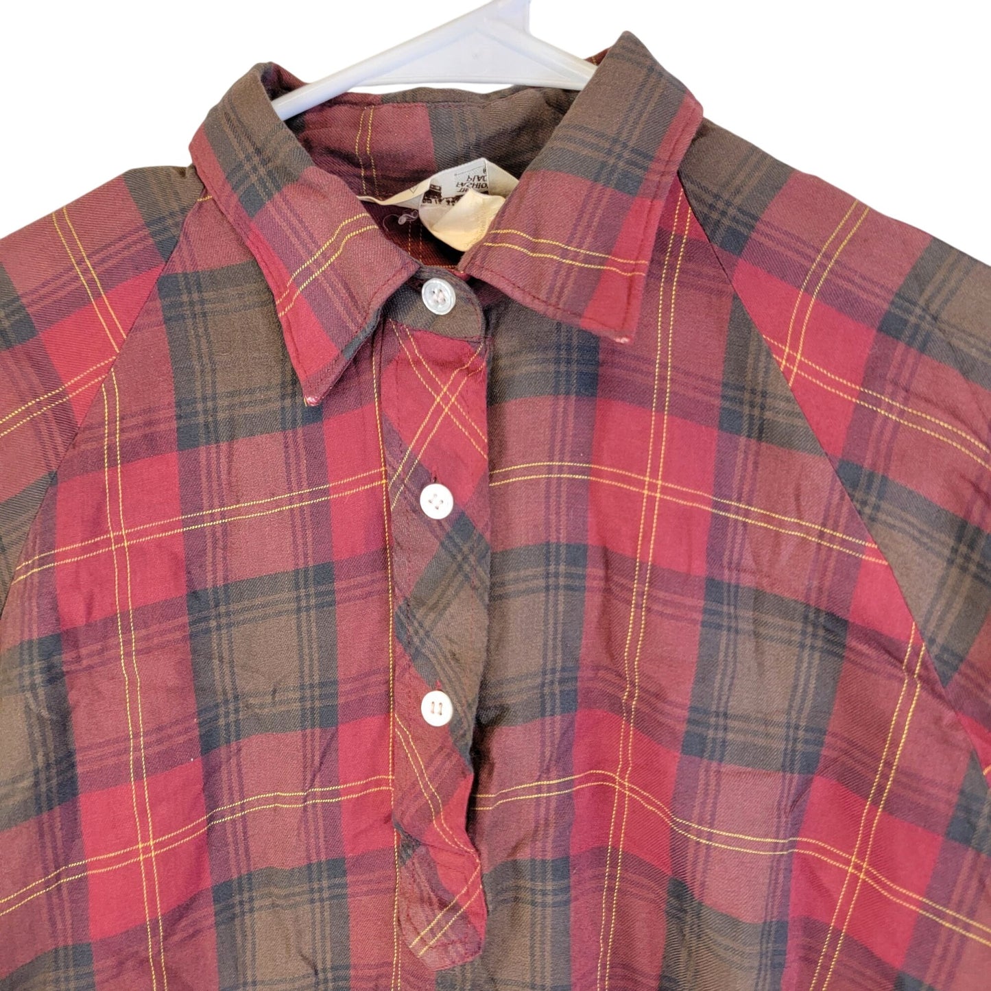 Sears Vintage 70s Plaid Flannel Shirt Women Large 12 14 Red Brown Collar Top L