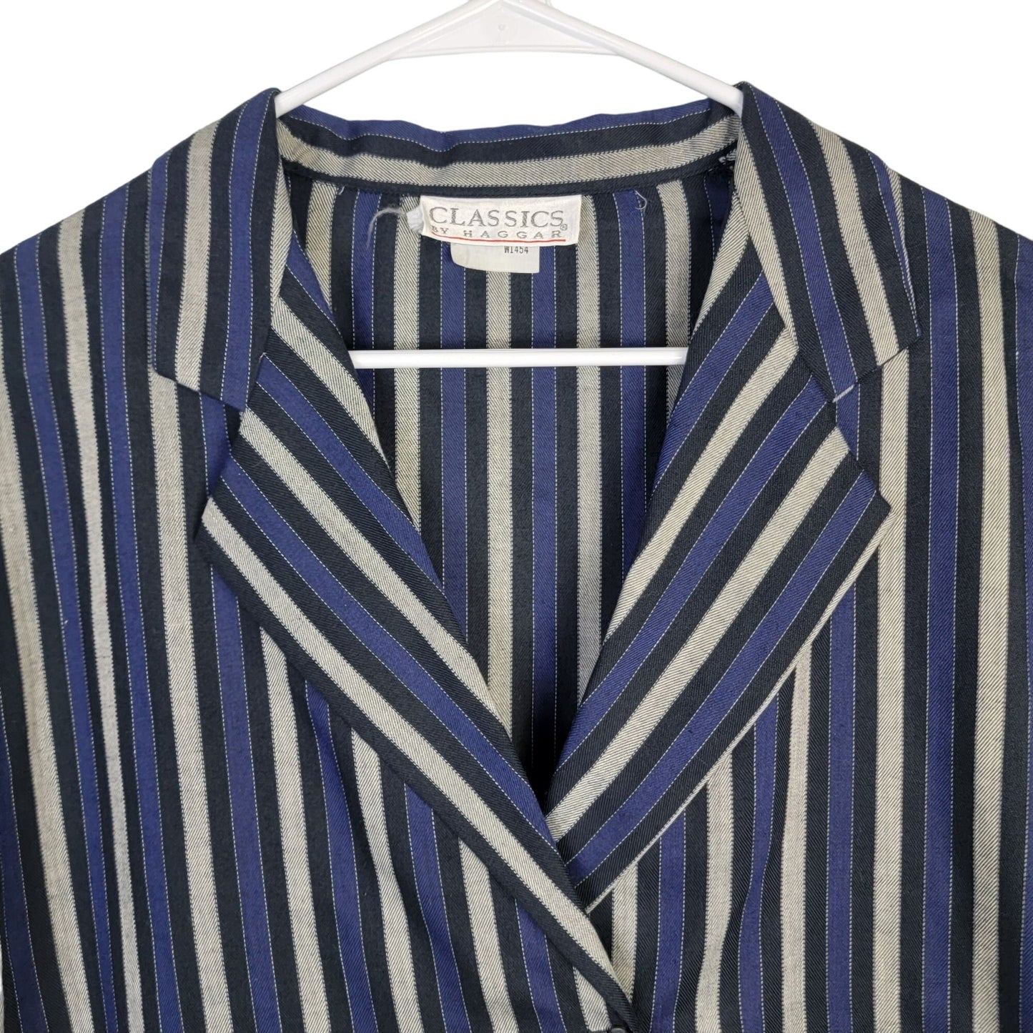 Haggar Vintage 80s Stripe Shirt Women 14 Short Sleeve Navy Blue