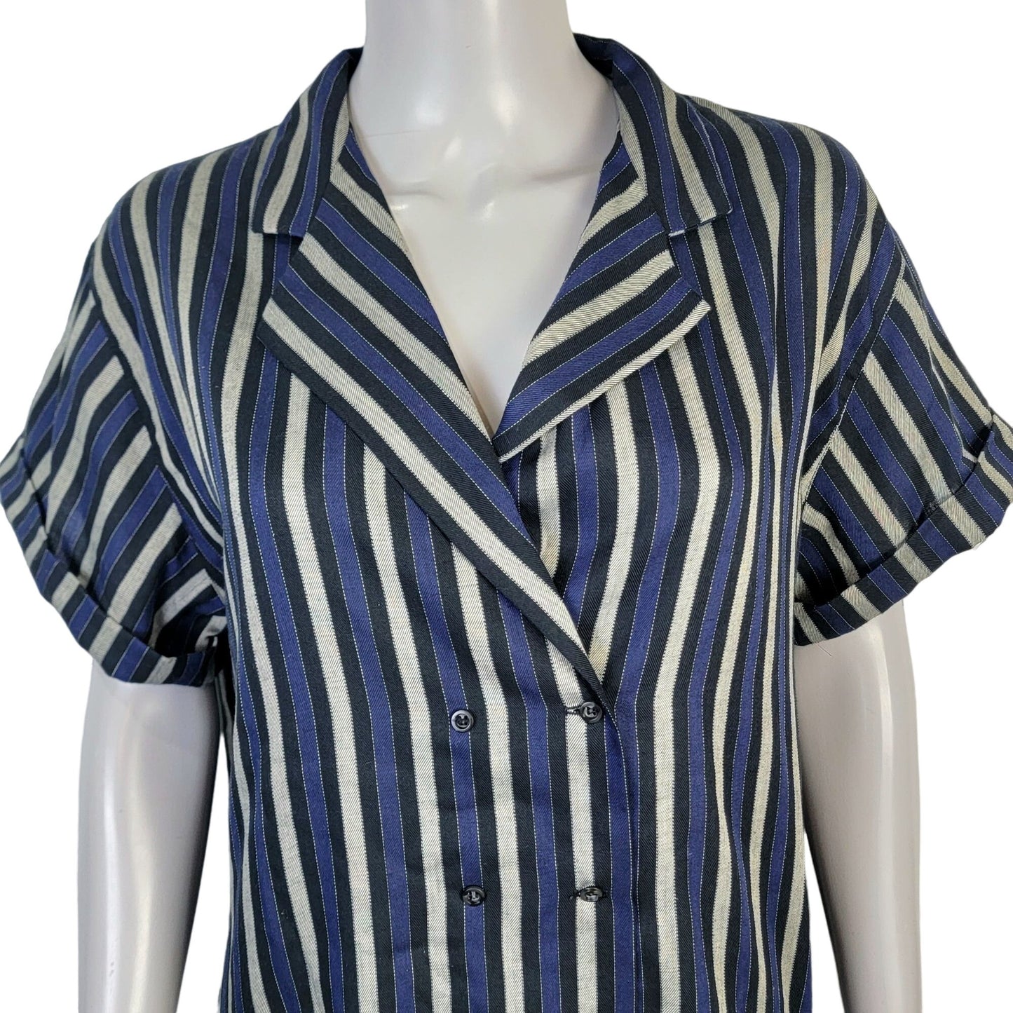 Haggar Vintage 80s Stripe Shirt Women 14 Short Sleeve Navy Blue