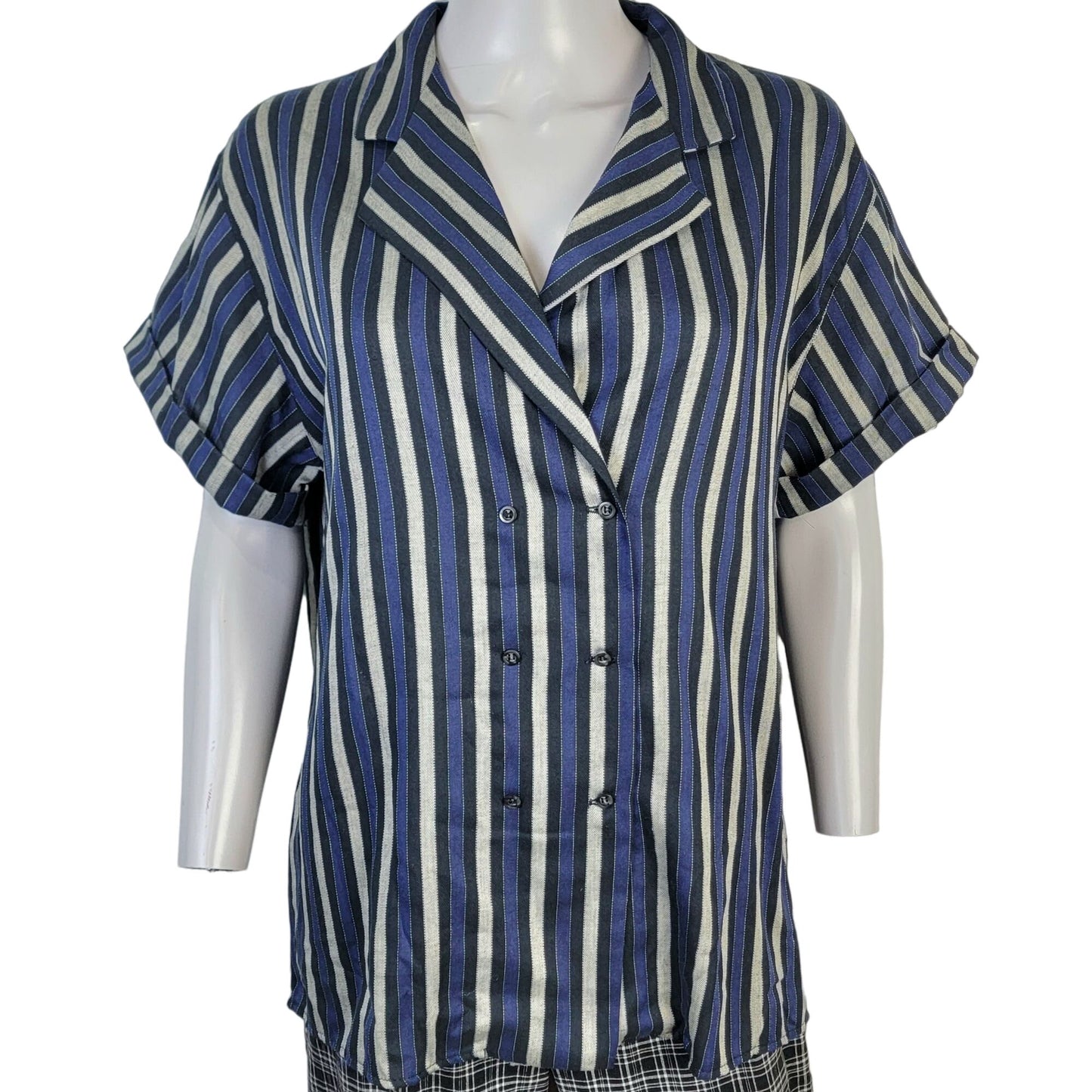Haggar Vintage 80s Stripe Shirt Women 14 Short Sleeve Navy Blue