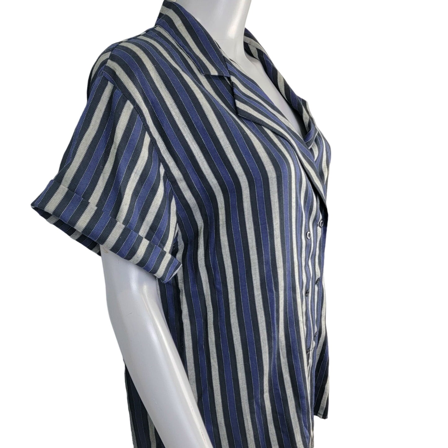 Haggar Vintage 80s Stripe Shirt Women 14 Short Sleeve Navy Blue