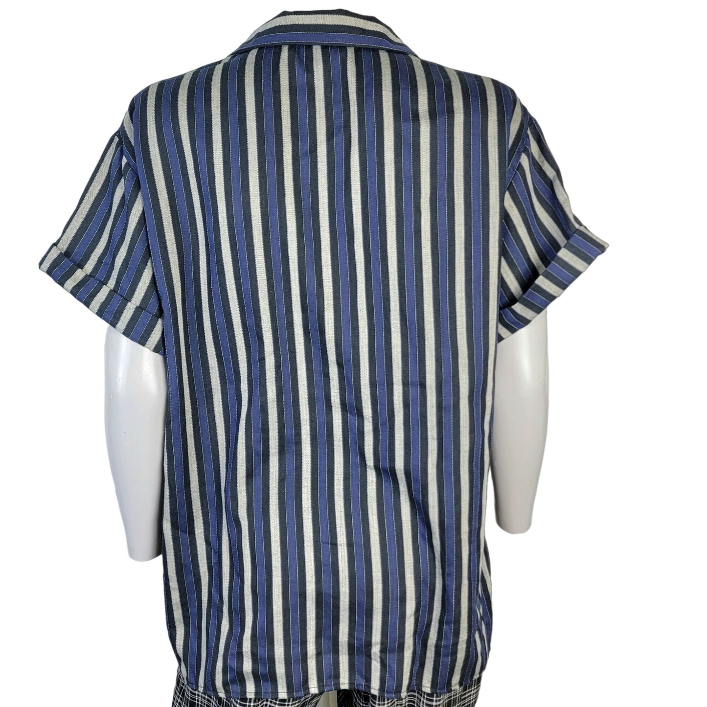 Haggar Vintage 80s Stripe Shirt Women 14 Short Sleeve Navy Blue