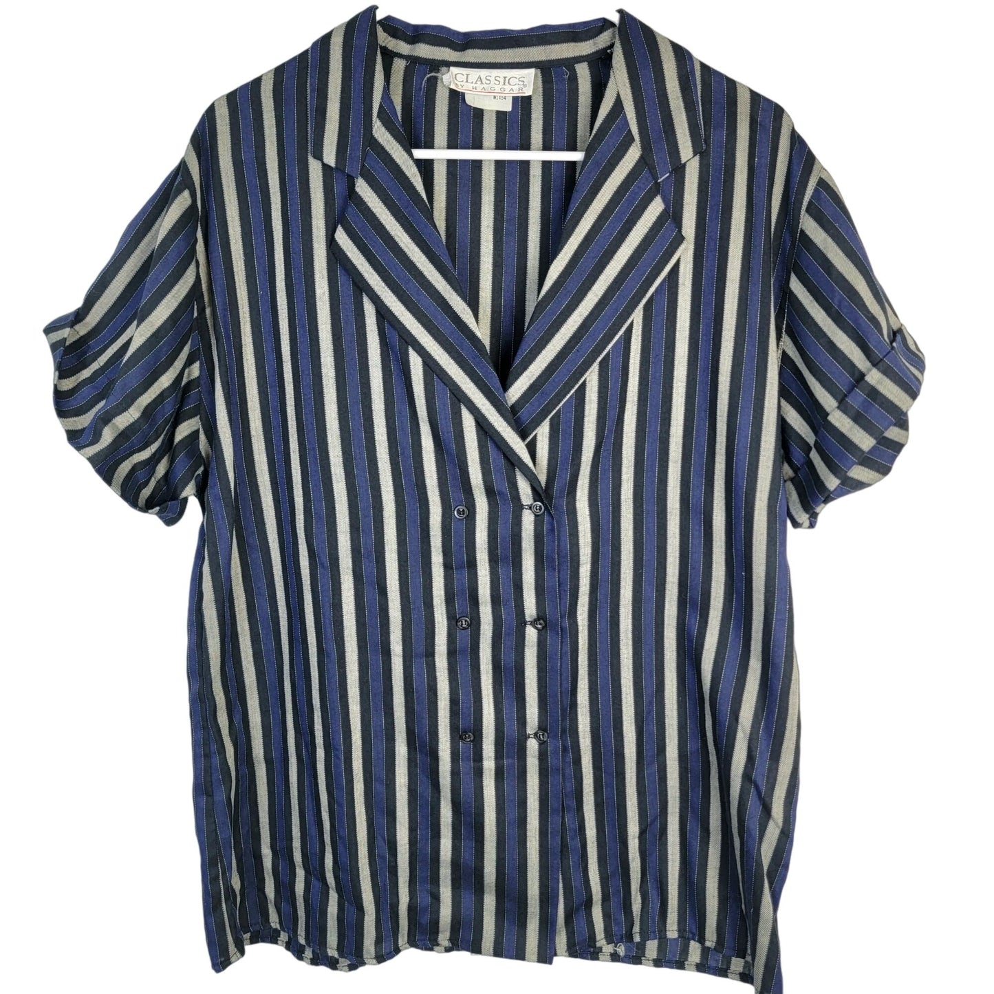 Haggar Vintage 80s Stripe Shirt Women 14 Short Sleeve Navy Blue