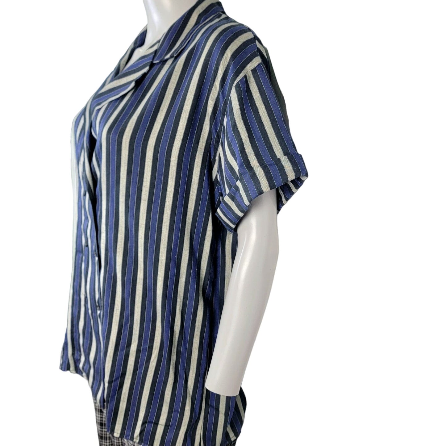 Haggar Vintage 80s Stripe Shirt Women 14 Short Sleeve Navy Blue