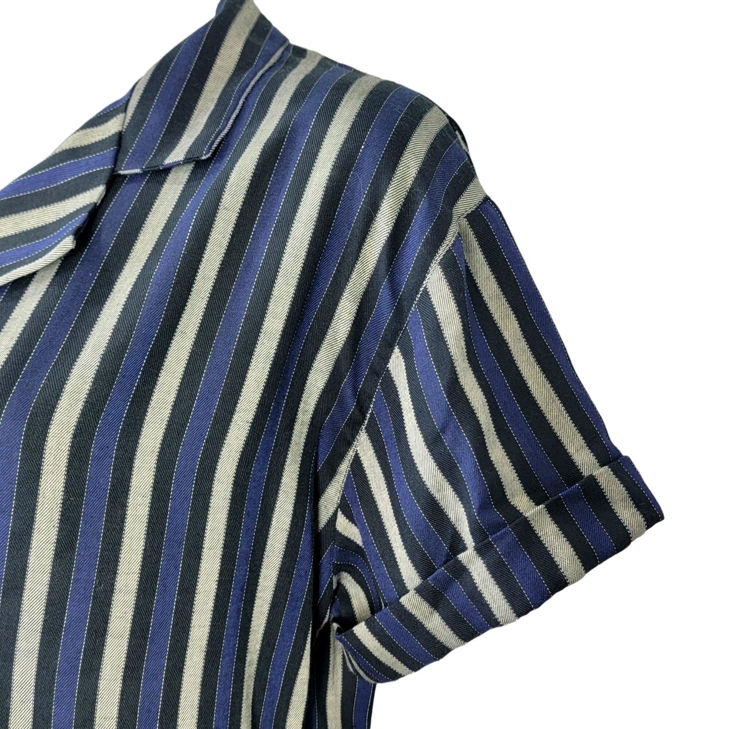Haggar Vintage 80s Stripe Shirt Women 14 Short Sleeve Navy Blue