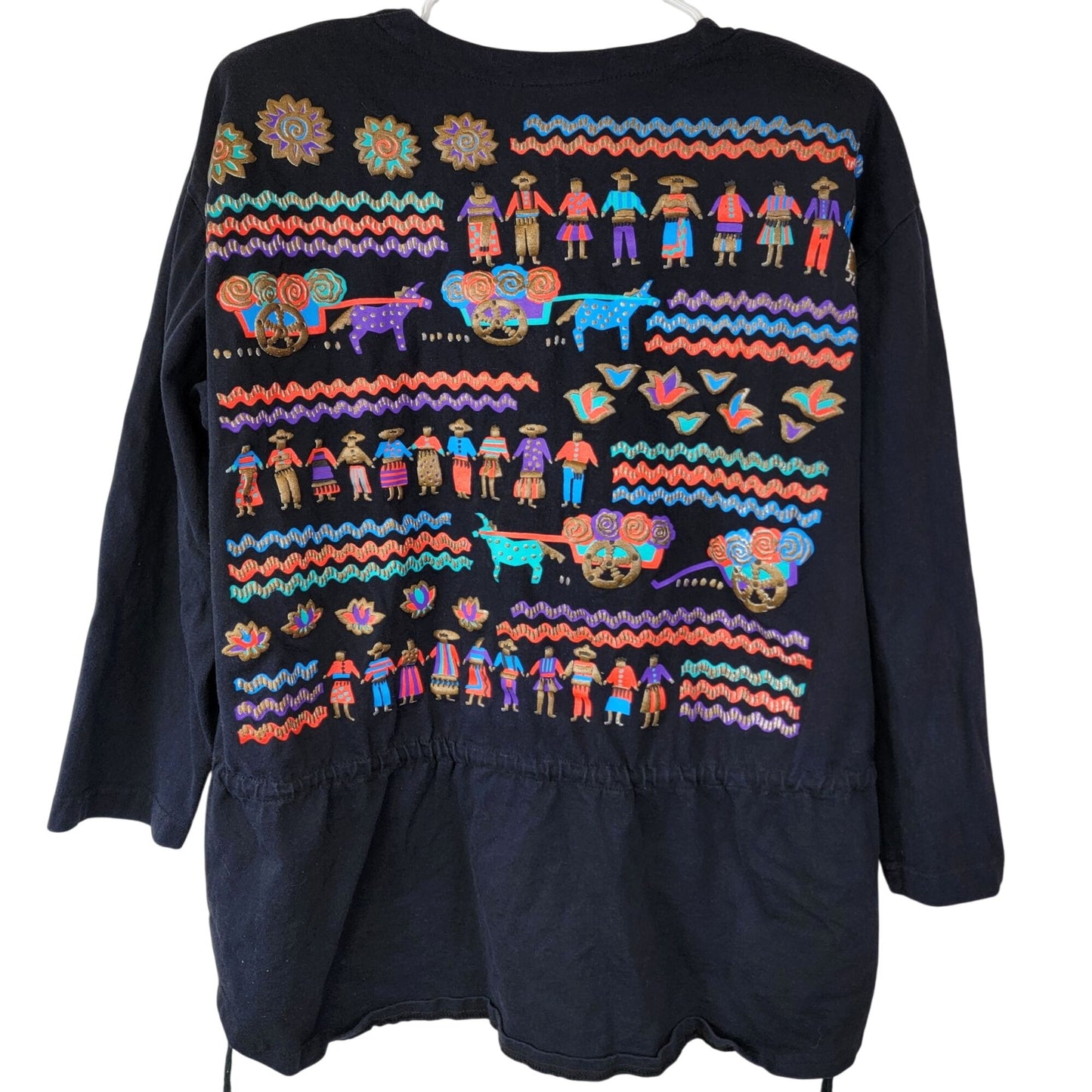 Vintage 80s Mexican Shirt Women Large 14 Black Blue Southwestern Top Long sleeve